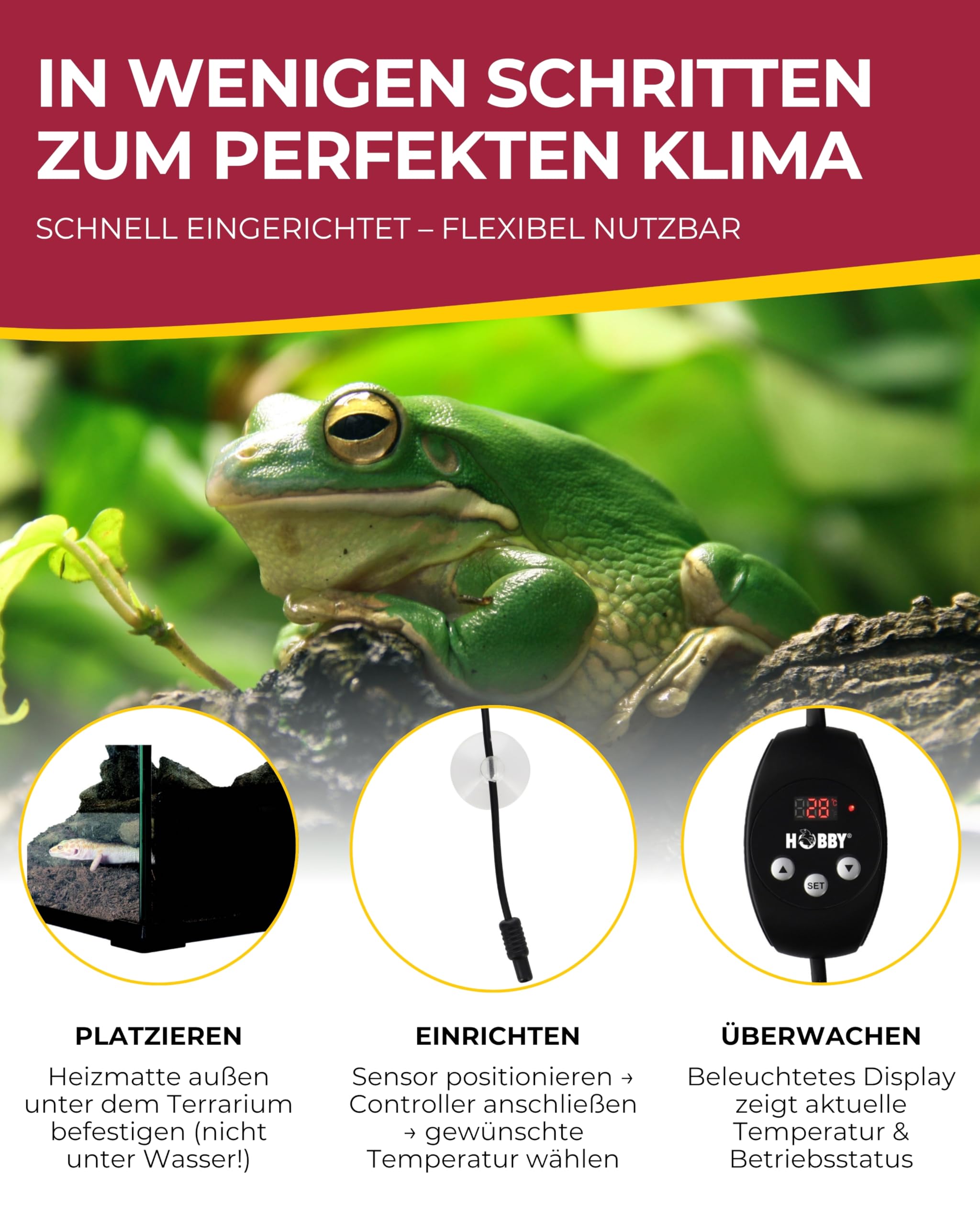 HOBBY Terraristik Thermica Control 6 W I Heizmatte mit Temperaturregler & Sensor I Einstellbar 20-50 °C I Zubehör für Terrarien & Gewächshäuser