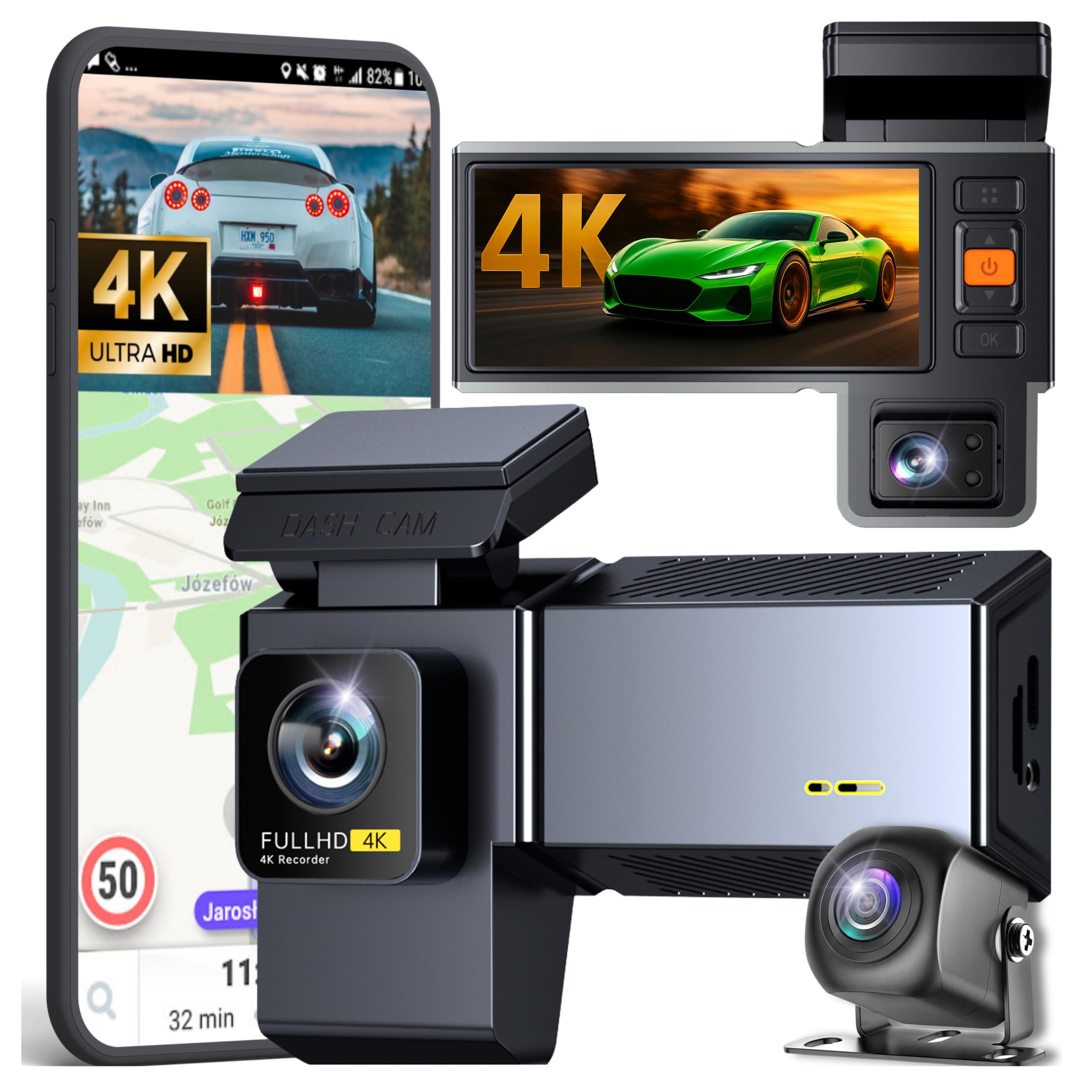 KAMERA SAMOCHODOWA 3 KAMERY WIDEOREJESTRATOR KAMERA COFANIA 4K PRZÓD 2K TYŁ 2K WNĘTRZE