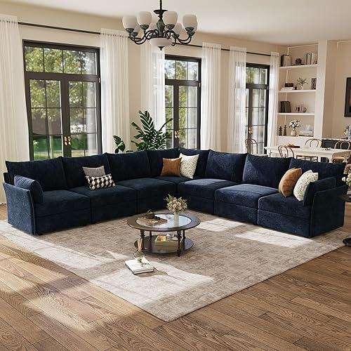 ABCASA 136.4" Oversized Modular Sectional Sofa, U Shaped Convertible Couch with Movable Ottoman, Large 7 Seat Corner Couches for Living Room Deep Seat Blue Chenille