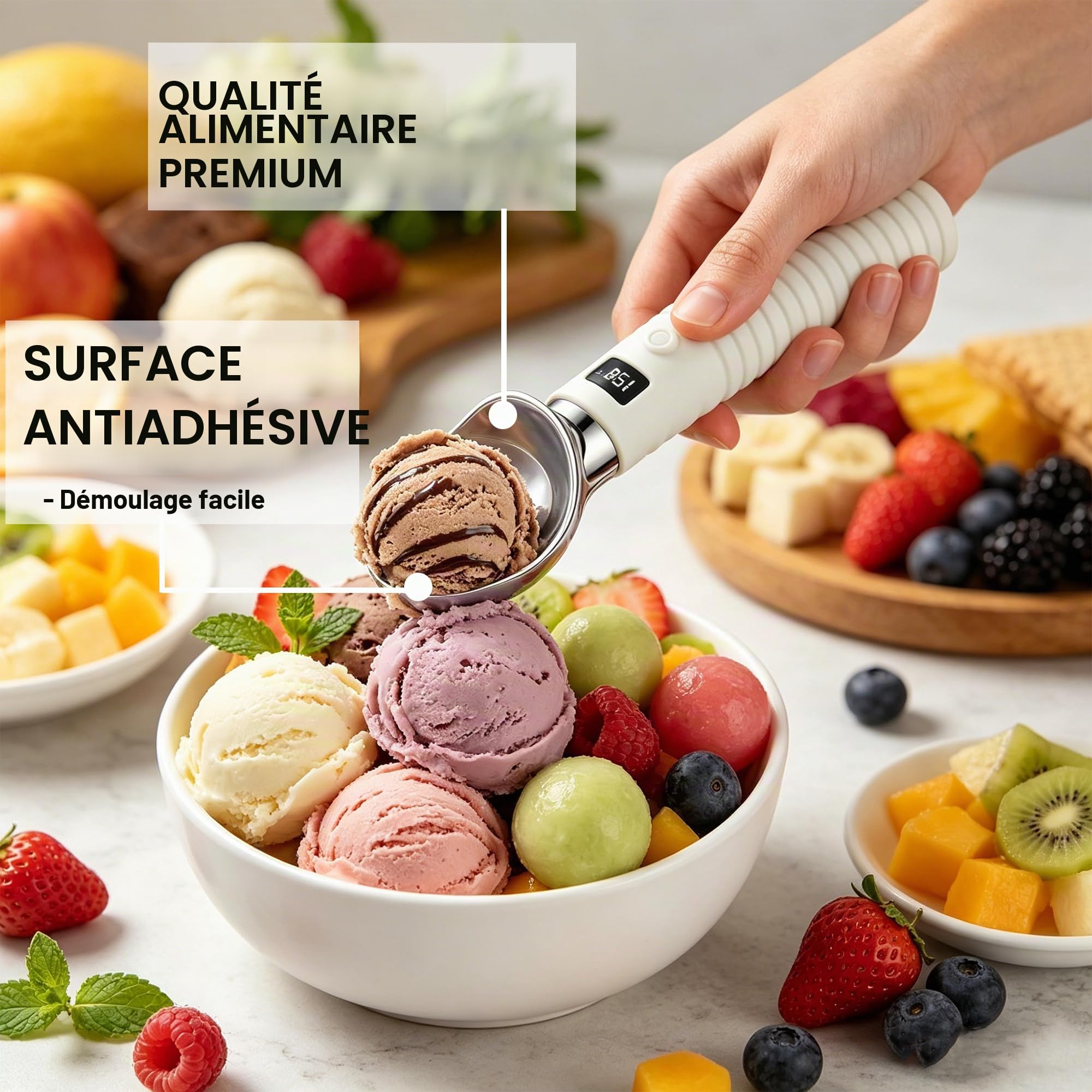 Cuillère à Glace Chauffante Rechargeable Écran LED Alliage Zinc | 2 niveaux de température, étanche IP67, alliage zinc alimentaire, charge USB-C, arrêt auto, adapté glace sorbet yaourt glacé
