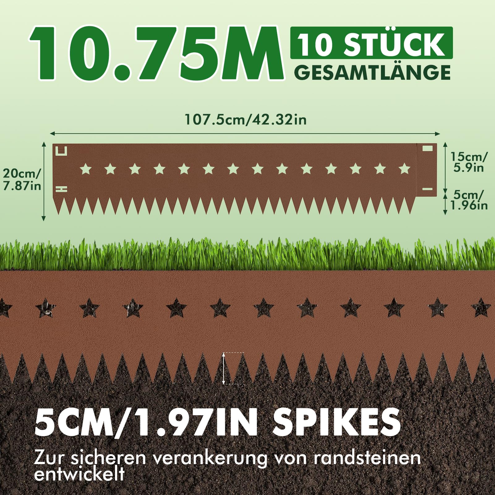 Flexible Rasenkante Metall 10-teilig (je 107,5 x 20 cm) – Cortenstahl Beeteinfassung mit Stern-Dekor, schwere Qualität – Perfekt als Rasenbegrenzung für geschwungene Wege & Moderne Gärten