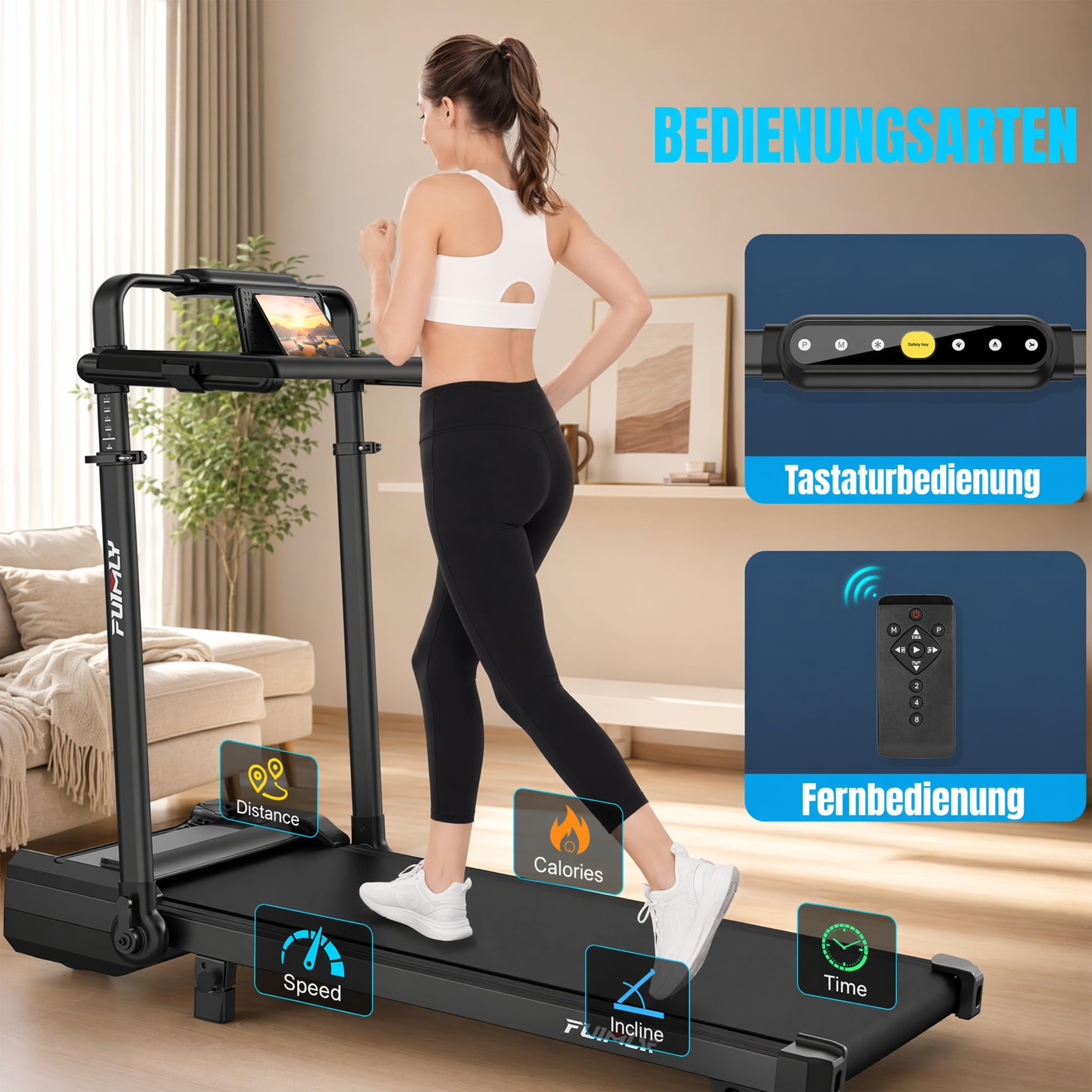 Walking Pad Laufband für Zuhause Klappbar - Walking Pad mit Steigung 9%, 8 in 1 Schreibtisch Laufband mit verstellbarem Handlauf 105-115 cm, 3.5 PS Leise Treadmill für Home Office & Büro bis 150 kg