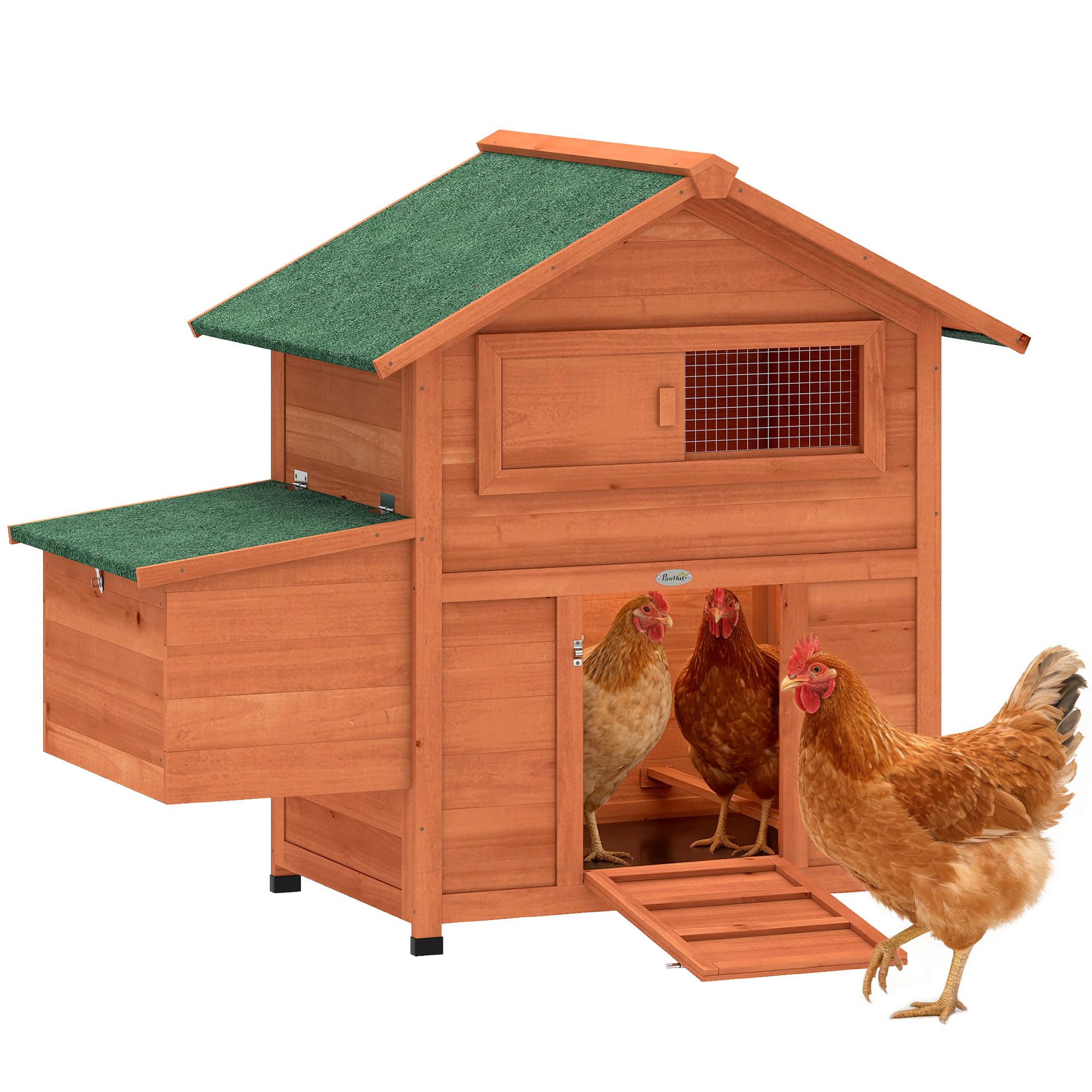 PawHut Pollaio in Legno con Nido, Pollaio per Galline Esterno, Tetto Impermeabile, Vassoio Estraibile, 2 Trespoli, Rampa, Finestra, Casetta per 2 Galline, Anatre, Giardino, 113.5x67.5x95.5cm,Arancione