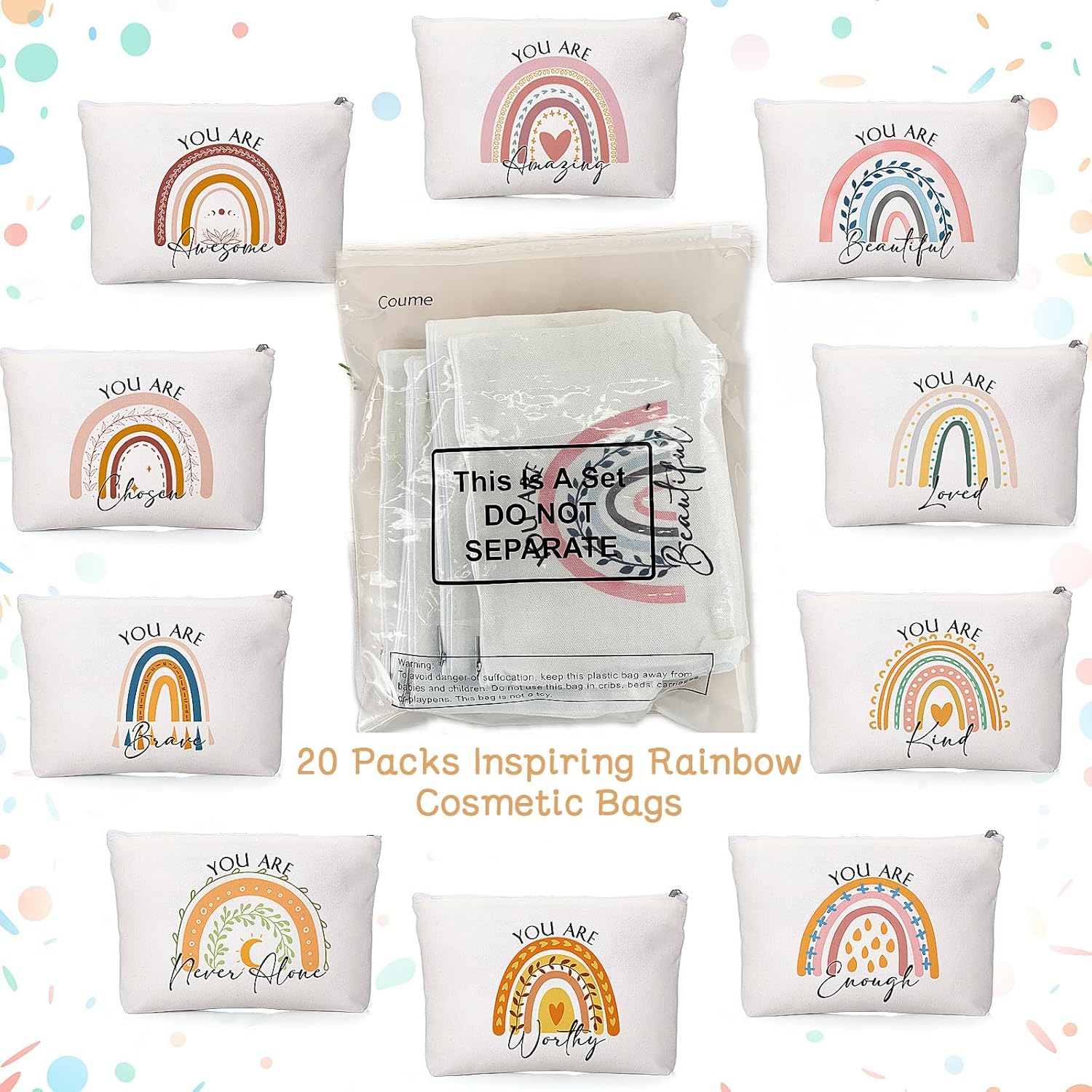 Coume 20 Pcs Employee Appreciation Gift Inspirational Canvas Makeup Bag Cosmetic Bag Zipper Travel Toiletry Pouch Bulk Gifts for Women Coworker Friend(Rainbow) - Image 7