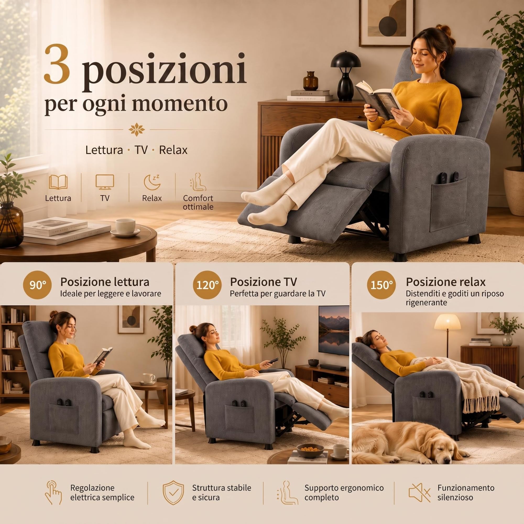 Poltrona Relax Elettrica Reclinabile con Massaggio a 4 Zone, Calore Lombare, Poggiapiedi e Supporto 180 kg – Tessuto in Lino, Struttura in Acciaio, Marrone EU JJ10-5