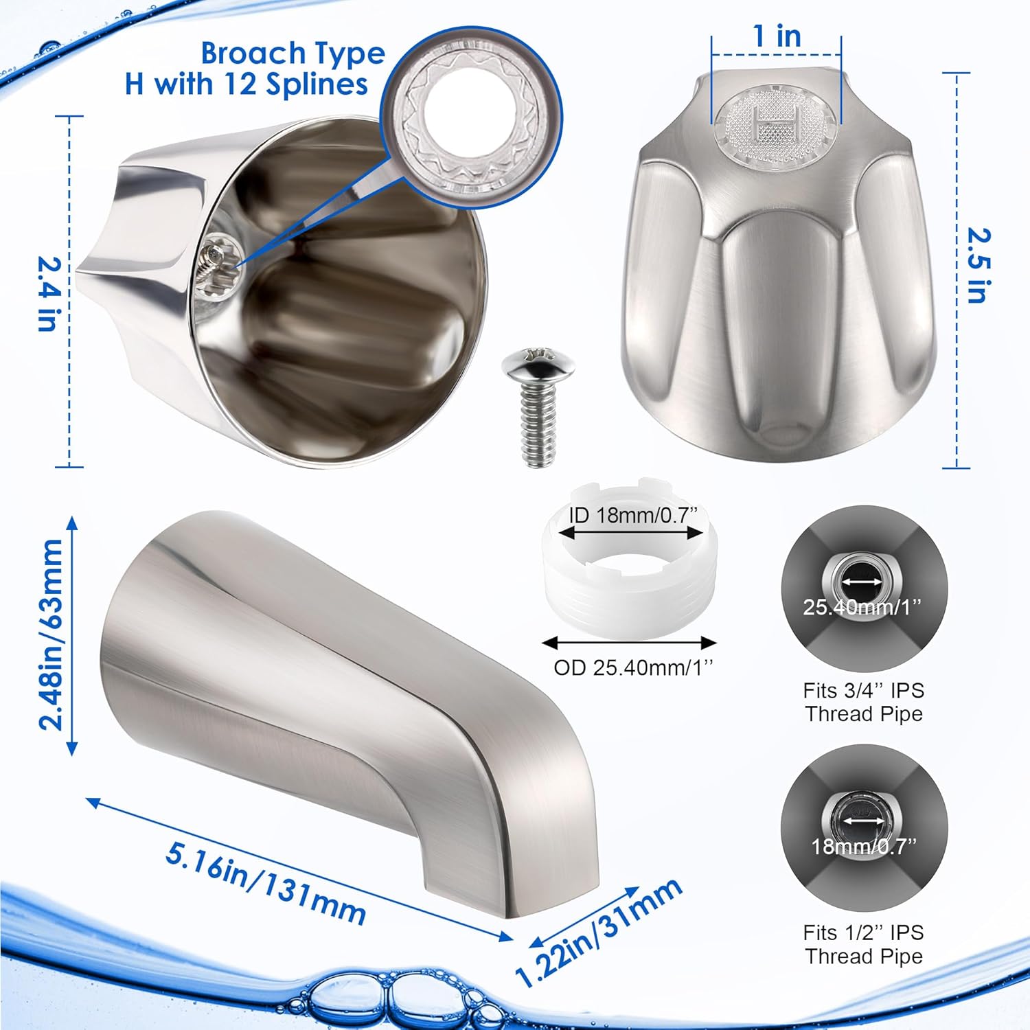 Enhon 3 Handle Shower Faucet Set Compatible with Pfister Verve Bath Tub Tool, Shower Knob and Bathtub Faucet Fits 1/2'', 3/4'' IPS Connection With 4 in 1 Spout Adapter Assembly Tool(Brushed Nickel)
