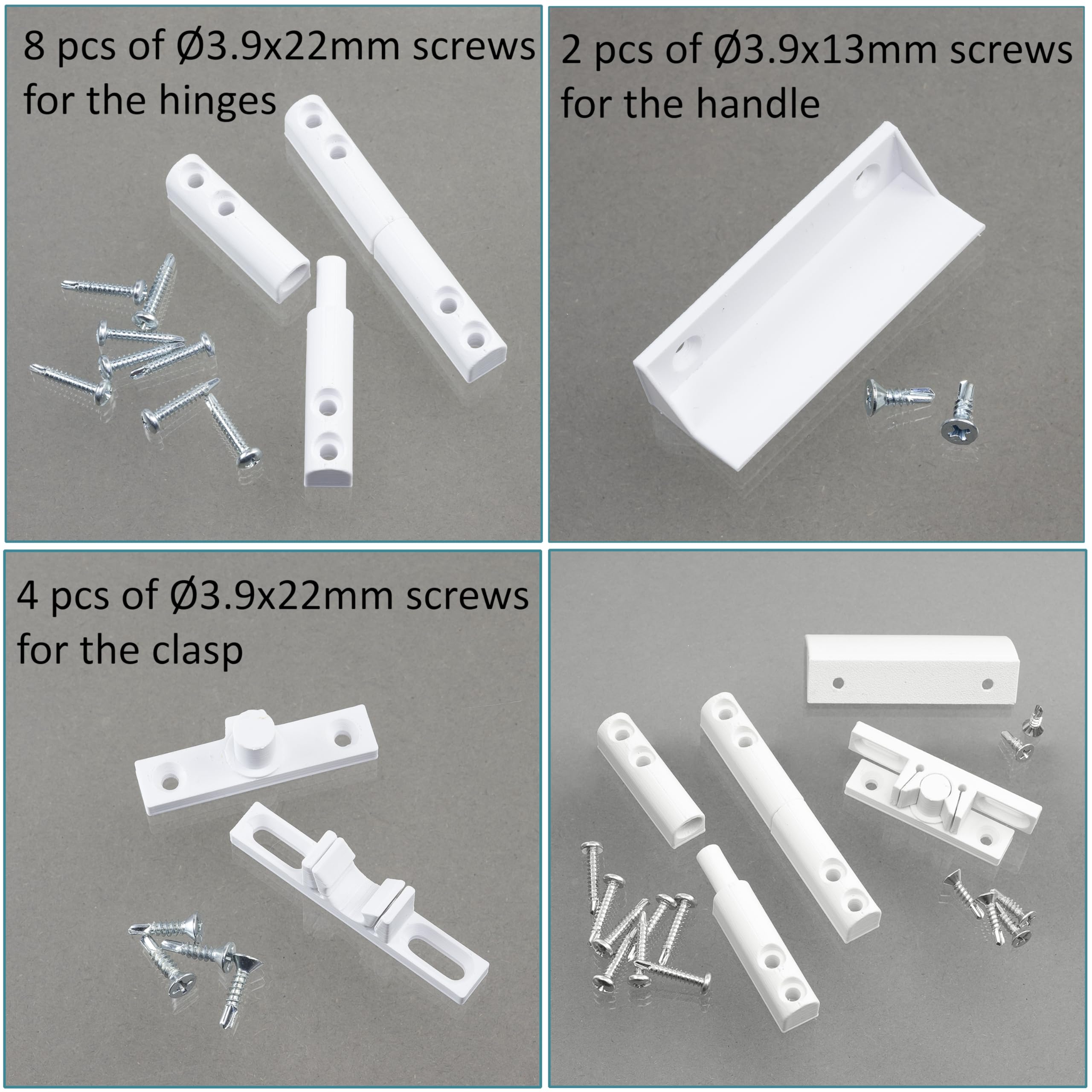 AERZETIX - Kit di accessori per telaio zanzariera: 2 cerniere, 1 maniglia, 1 chiavistello in plastica bianca + 14 viti autofilettanti (Ø3.9x22 mm, Ø3.9x13 mm, Ø3.9x16 mm)