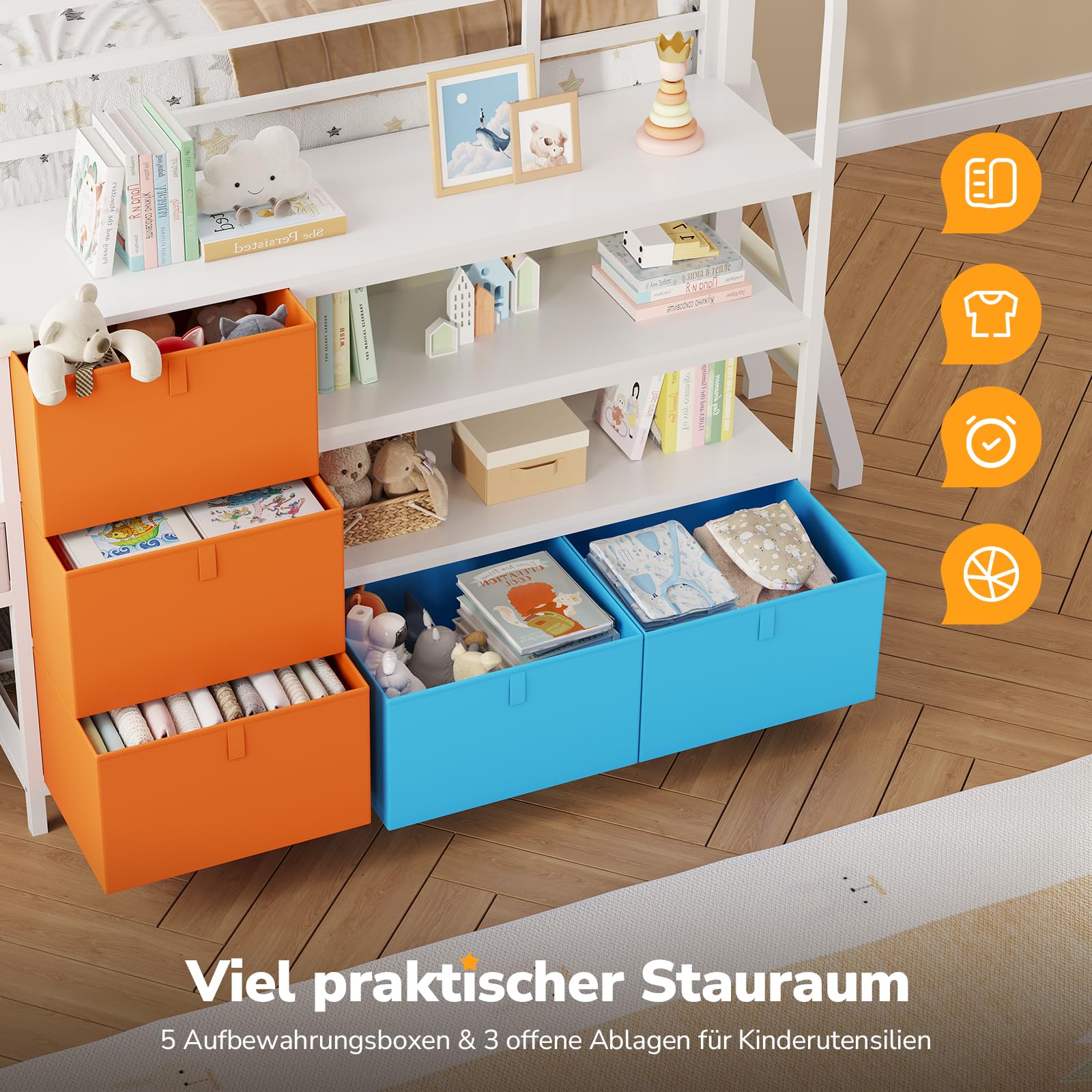 Kinderhochbett 90x200,Weiß+Gelb+Blau | LED-Licht, Schreibtisch, Stauraum, Spielhöhle. 4-in-1: Schlafen, Lernen, Stauraum, Spielen