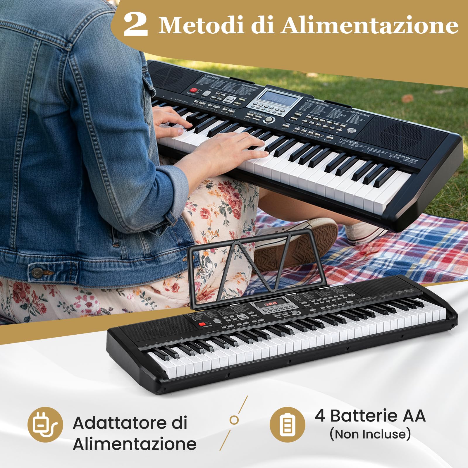 COSTWAY Tastiera Pianoforte a 61 Tasti, Set Tastiera Elettrica con Supporto Regolabile e Sgabello, 200 Ritmi & 200 Toni, 70 Demo, Adesivi per Note, Strumento Musicale per Principianti e Adolescenti