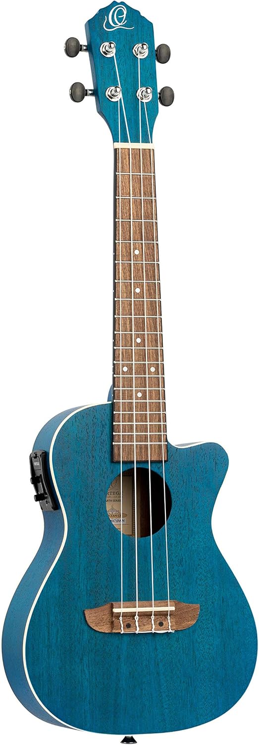 Ortega Guitars, 4-String Earth Series Concert Acoustic/Electric Ukulele, Right, Transparent Ocean Blue, (RUOCEAN-CE)
