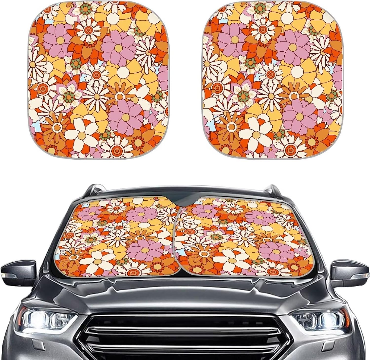 Renewold Hippie Daisy Boho Car Windshield Sun Shade Shield Portable Auto Sunshade Vehicles Sun Visor Blocker Fits for Most Sedan Van SUV Trucks 2pcs Set Foldable Interior Car Accessories