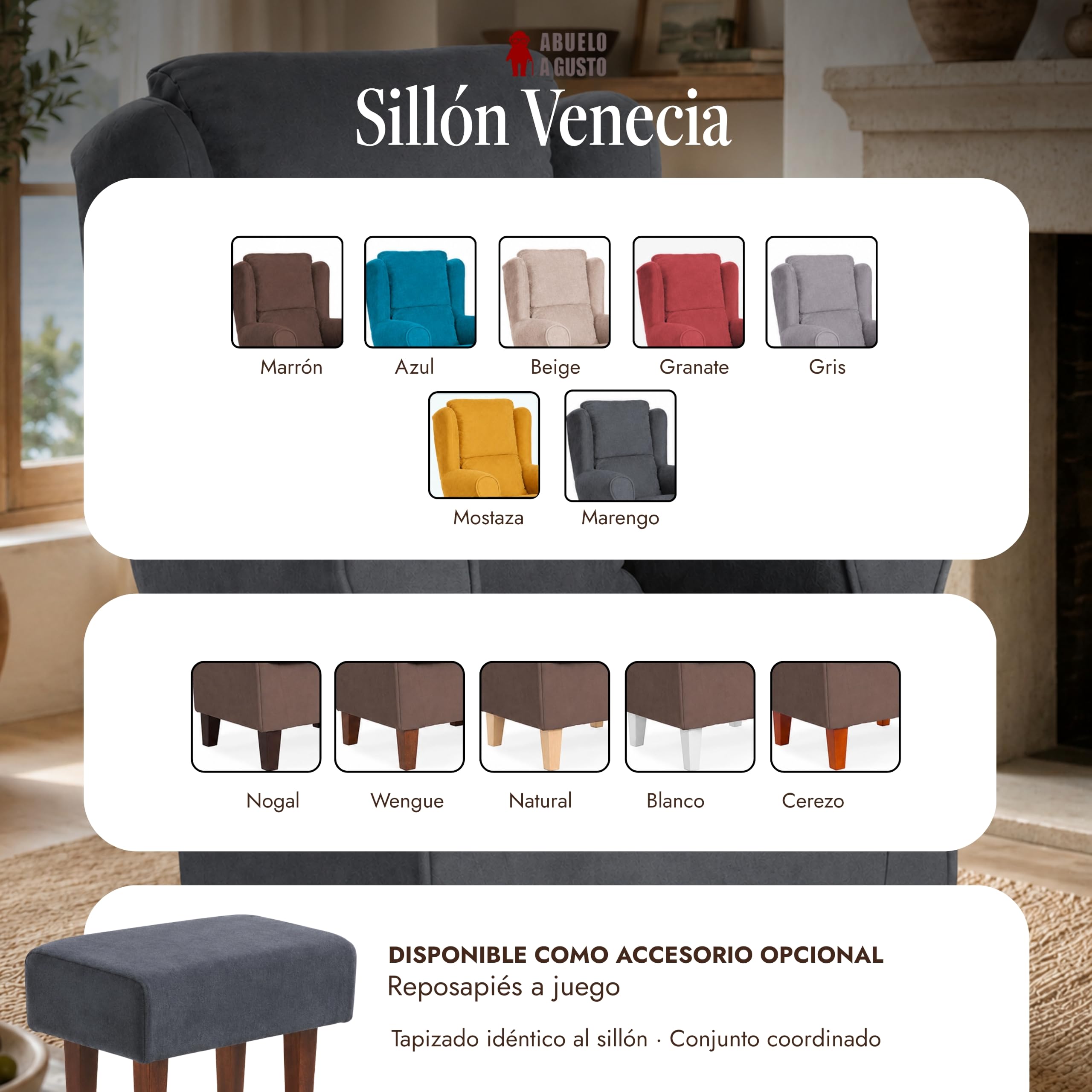Sillón Orejero Venecia Acolchado para Personas Mayores - Marengo - Respaldo Ergonómico, Relleno Adaptable – Tela Antimanchas – Butaca Cómoda Salón, Dormitorio, Lectura