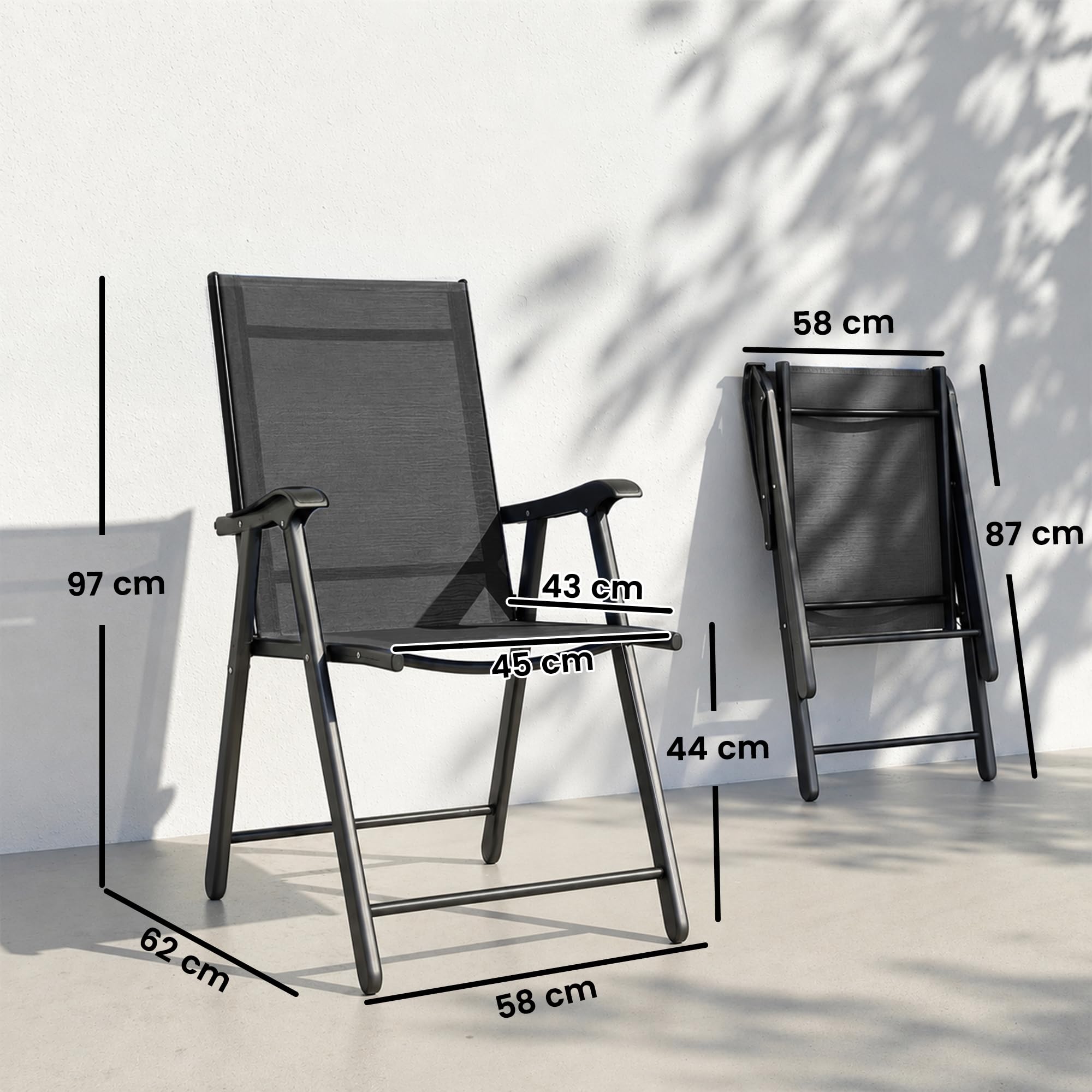 Outsunny 2er-Set Klappstuhl Klappbar Armlehne 58 x 62 x 97 cm Schwarz | Gartenstuhl, Hohe Rückenlehne, für Garten Balkon Terrasse, Stahl, Texteline