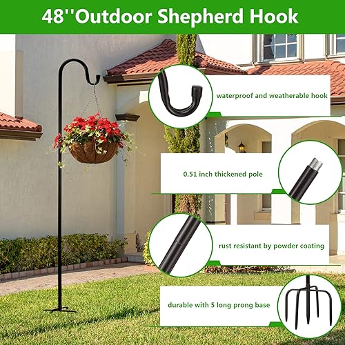 Miniatura 3 de oathx Ganchos de pastor para exteriores de 48 pulgadas, paquete de 2 postes de comedero de pájaros para exteriores con 5 puntas de base, ganchos de