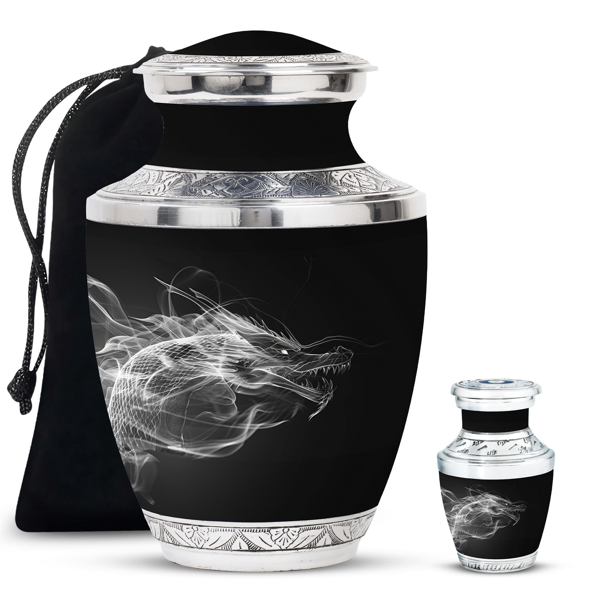 YATHABHISA Dragon Urn, Metal Urns - Metal Cremation Urns for Human Ashes - Adult Memorial Urns - Small & Large Urns for Husband & Wife - Combo of 1 Large Urn with Velvet Bag and 1 Small, Black