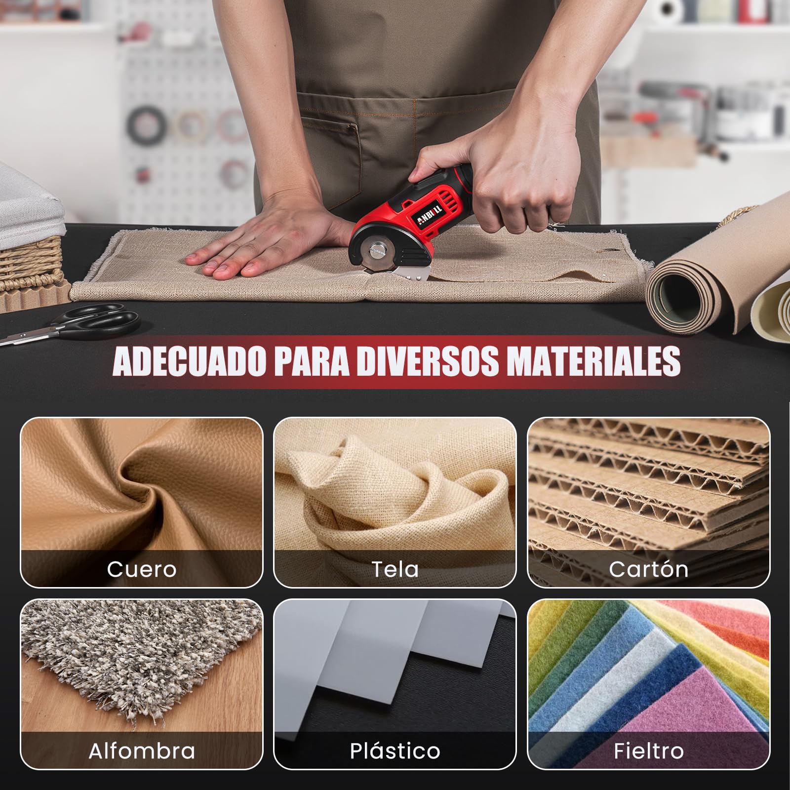 Anbull Tijeras Eléctricas Inalámbricas 4V, Tijeras Electricas Manualidades, para Tela y Costura, Cortadora Eléctrica, USB Recargable, Una Cuchilla, para Cuero, Cartón, Plástico, Ligera y Segura