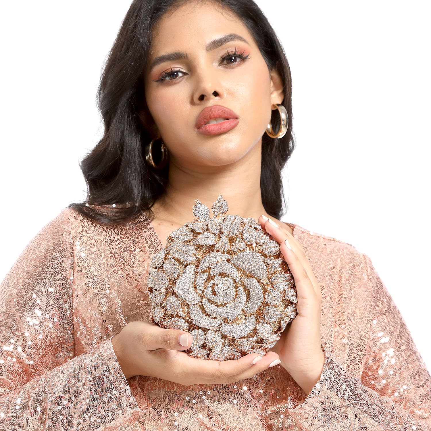 Boutique De FGG Round Rose Flower Crystal Clutch Purses for Women Formal Evening Bags Wedding Clutch Bag Party Handbags,Mini - Image 2