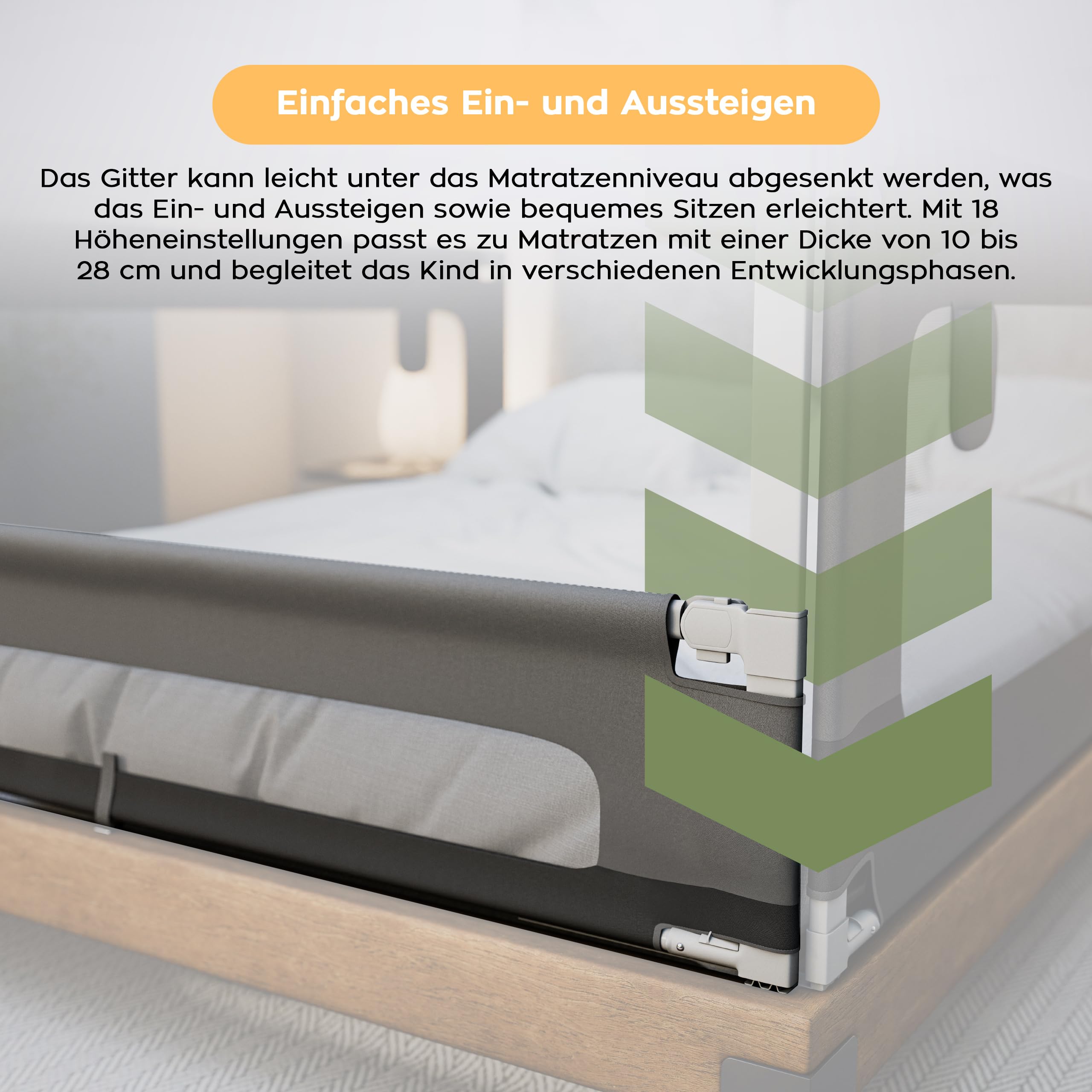 TULANO Cover 46 Bettgitter Kinderbett - Sicherheitsgitter Absenkfunktion - 18-Fach höhenverstellbar - Bettschutzgitter 160 cm - Rausfallschutz für Standardbetten - Für Matratzen 10–28 cm - Grau