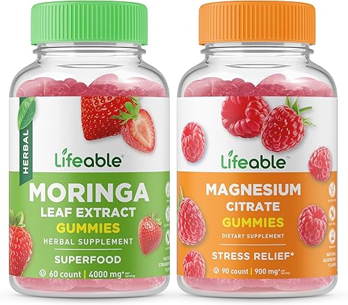 Lifeable Magnesio + hoja de moringa, paquete de gomitas  Gran sabor, suplemento vitamínico, sin gluten, sin OMG, gomita masticable