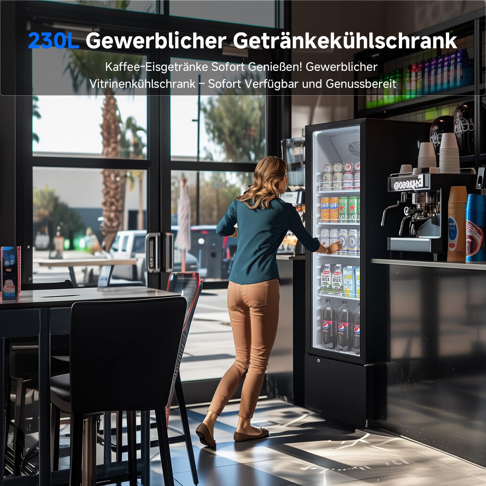 AAOBOSI 230L Getränkekühlschrank mit Glastür| 4 Höhenverstellbare Ablagen| Flaschenkühlschrank mit LED-Beleuchtung| Umluftkühlung| Automatische Abtauun| Abschließbar| für Gastro, Bar, Keller