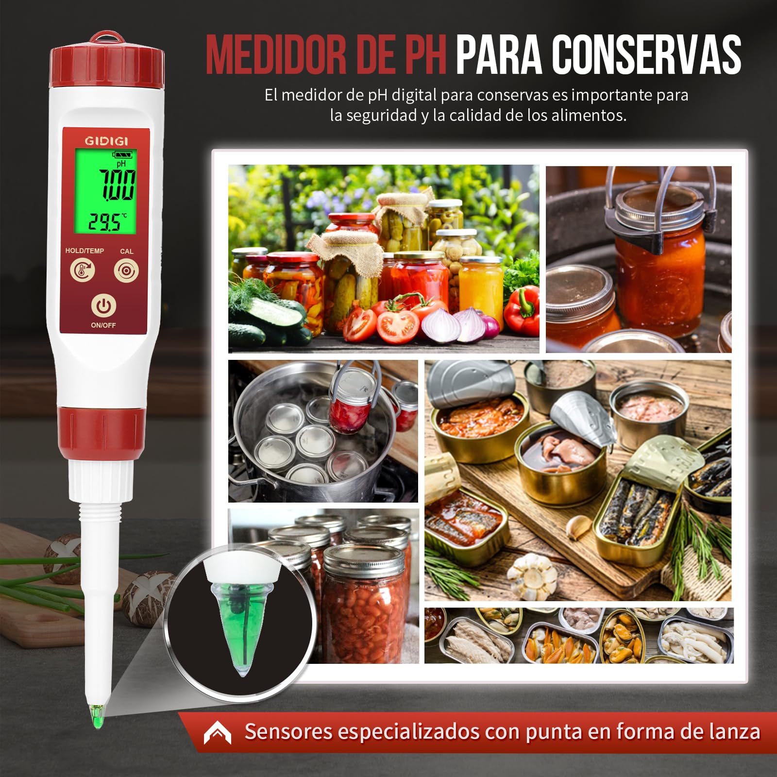 Medidor pH Alimentos Profesional con Sonda de Punta para Analizar pH y Temperatura en Líquidos y Semisólidos