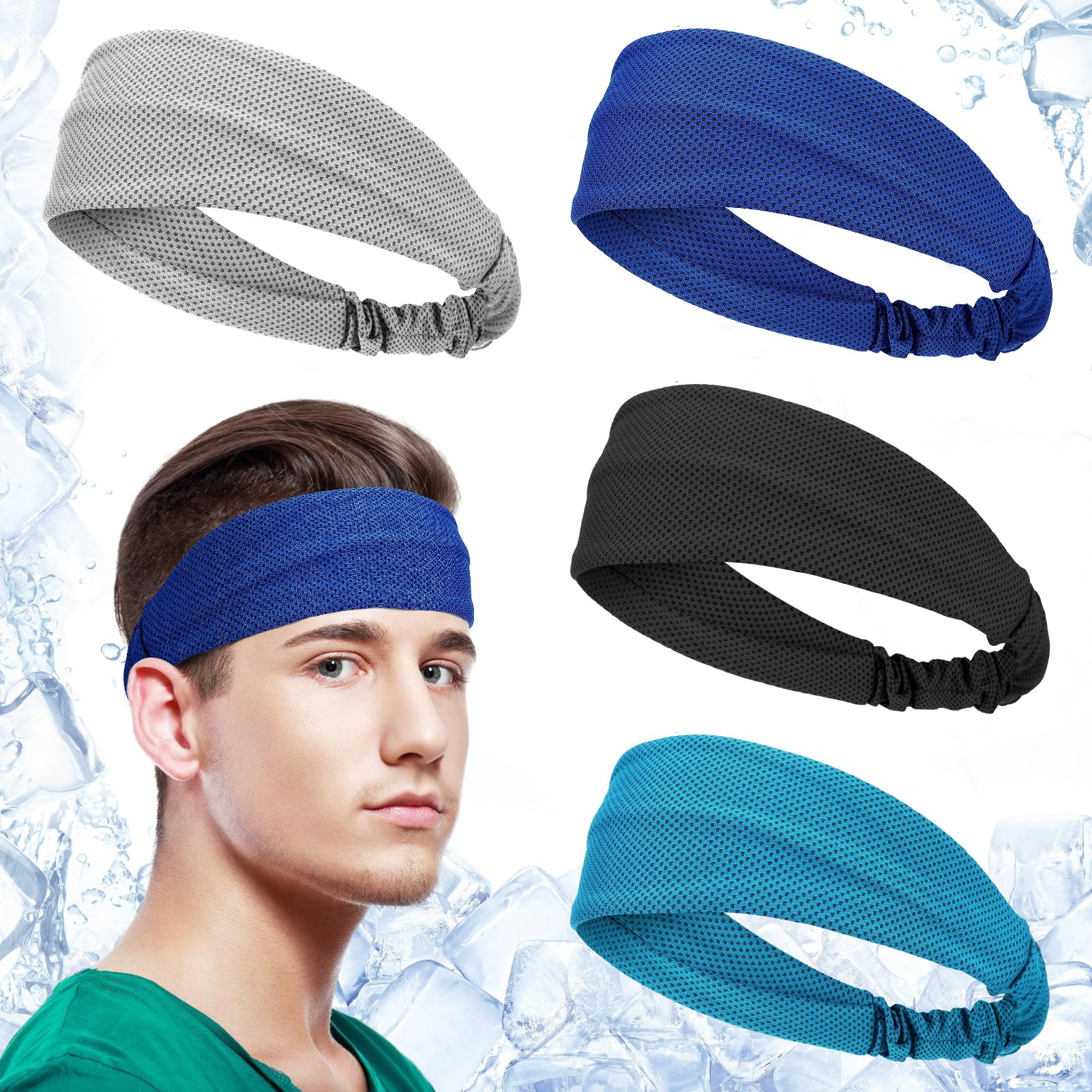 Cooling Headbands - Quick Chilly Workout Sweat Band for Men Women, Moisture Wicking Hairband, Comfortable & Elastic, UPF 50+ for Hot Weather Running Sports Golf Yoga (4Pcs, Black Gray Blue Sky Blue)
