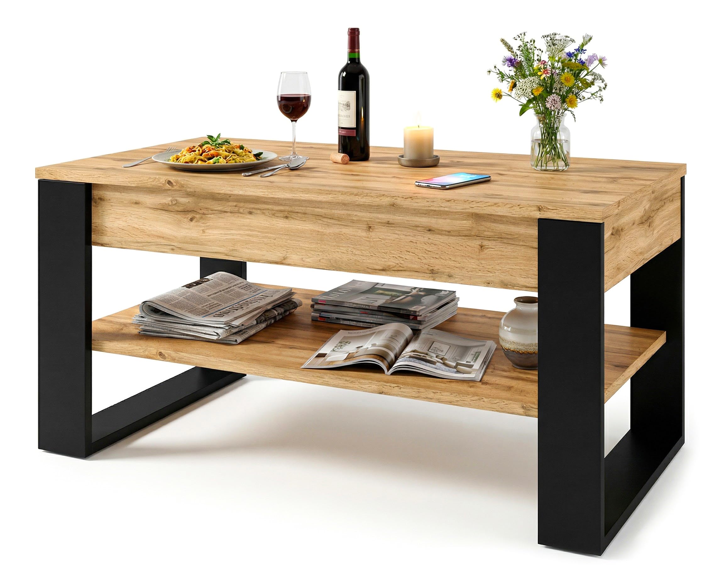 Couchtisch mit anhebbarer Platte | Höhenverstellbarer Wohnzimmertisch mit Stauraum | Sofatisch Eiche Wotan Schwarz modern mit Ablage & verstecktem Fach – Coffee Table für Wohnzimmer & Büro