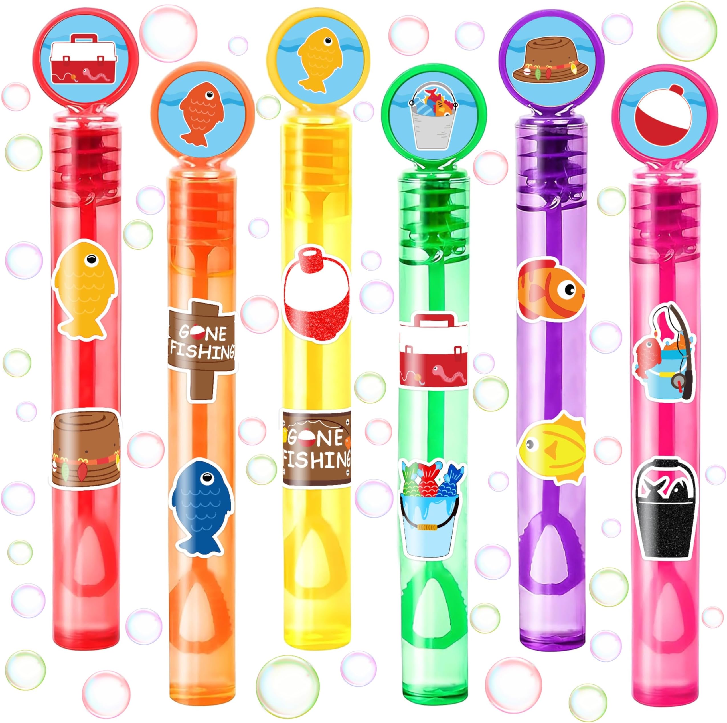 24PCS Gone Fishing DIY Bubble Wands with 96PCS Stickers - Party Favor for Goodie Bags, Pinata Stuffers, Mini Bubble Bulk Farm Birthday Supplies, Toys Gifts, Class Prizes for Toddlers, Boys & Girls