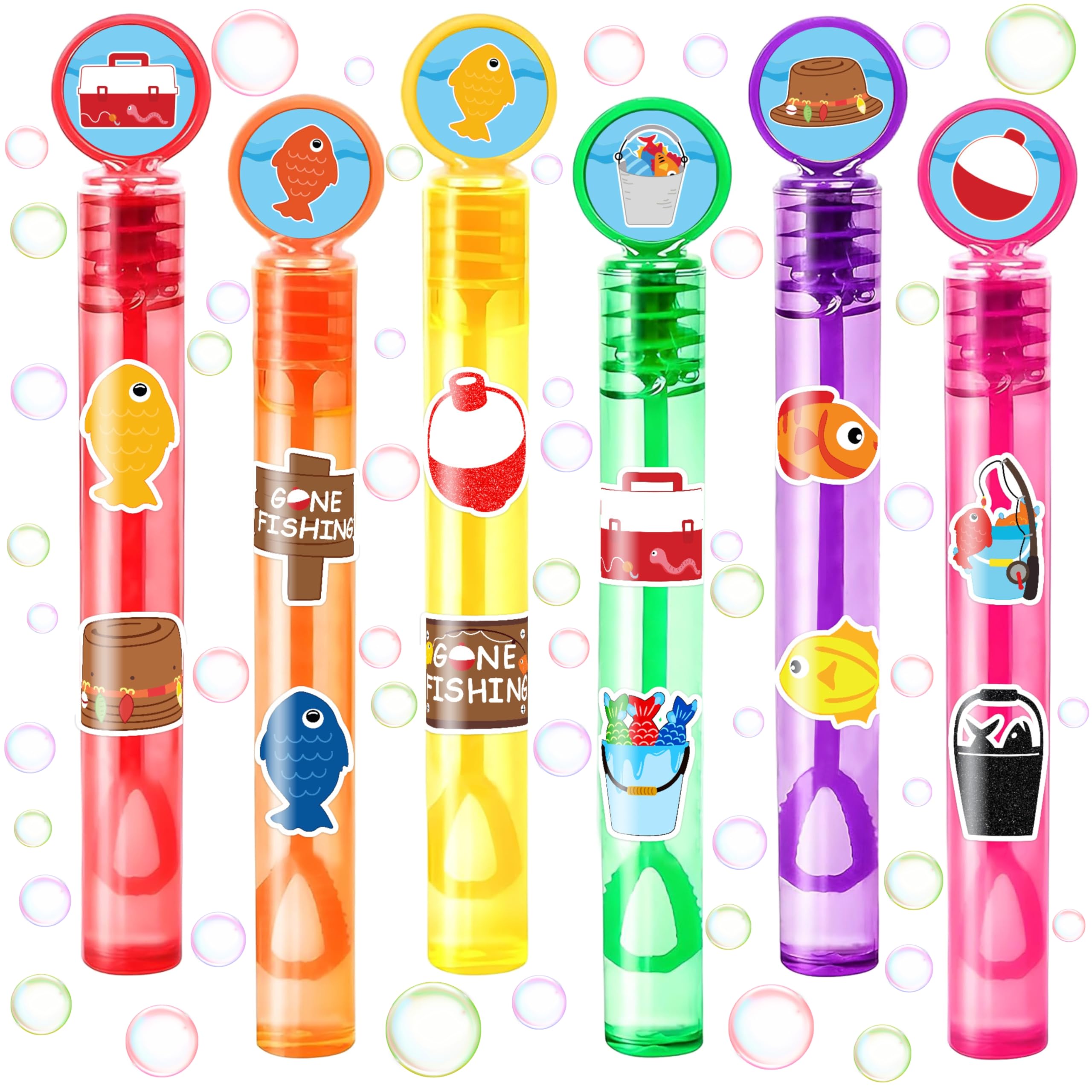 24PCS Gone Fishing DIY Bubble Wands with 96PCS Stickers - Party Favor for Goodie Bags, Pinata Stuffers, Mini Bubble Bulk Farm Birthday Supplies, Toys Gifts, Class Prizes for Toddlers, Boys & Girls