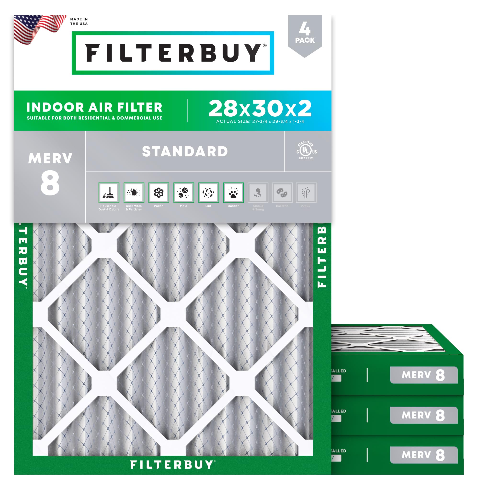 Filterbuy 28x30x2 Air Filter MERV 8 Essential Dust & Allergy Defense (4-Pack), Electrostatic Pleated HVAC AC Furnace Filters Replacement (Actual Size: