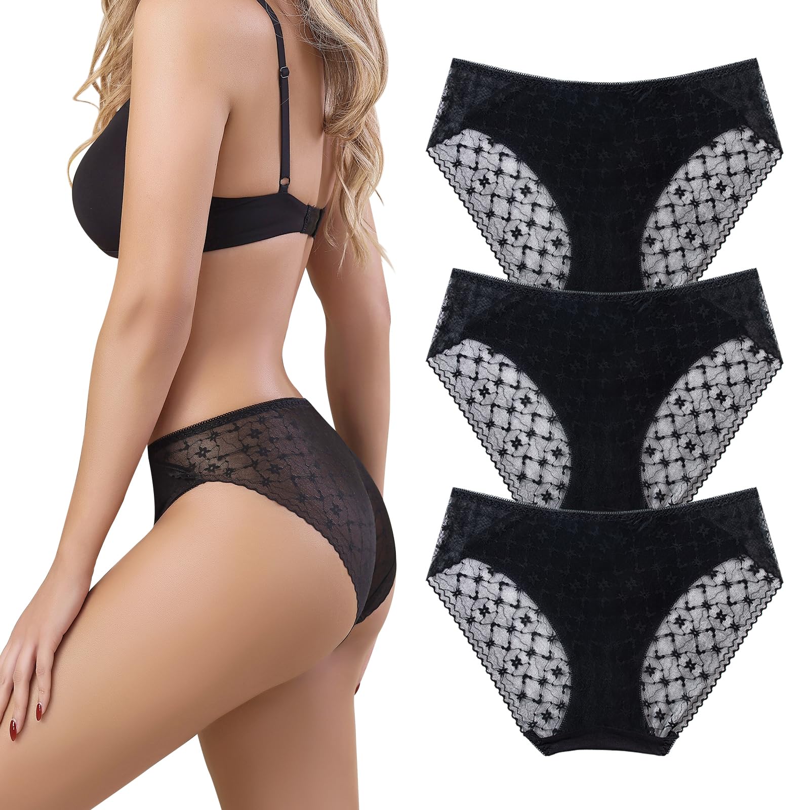 Chouchounel Ropa Interior Sexy para Mujeres - Bragas de Encaje Negro de Corte Alto para Mujer, Braguitas Tipo Bikini, Elásticas, Transpirables y Cómodas, Pack de 3