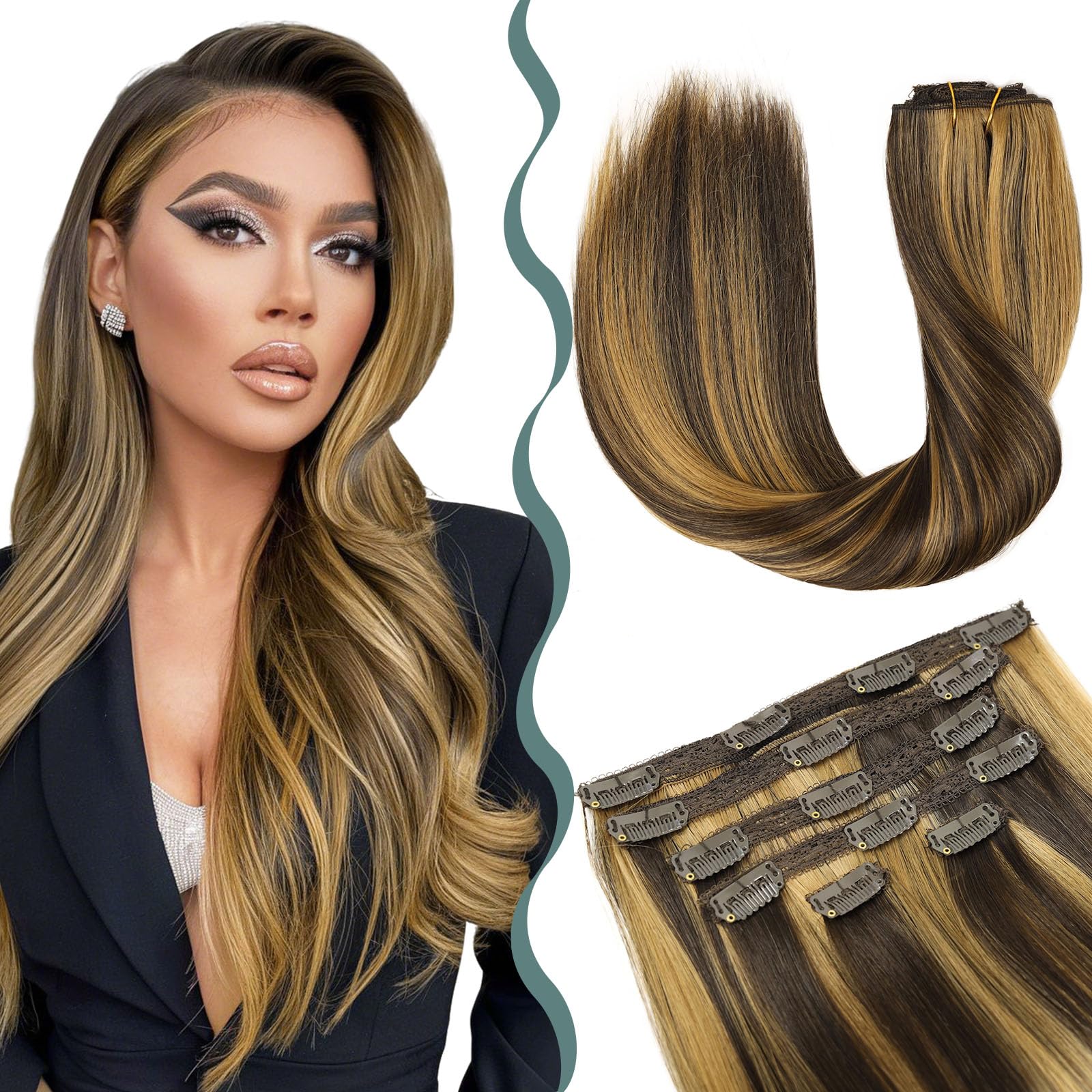 BHF 4/27 Hair Extensions Clip in -18 Long Straight Hair Extension Medium Brown with Caramel Blonde Highlight Clip In Hair Extension Synthetic Natural Hair Pieces for Women