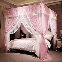 VETHIN Princess Ruffle Bed Canopy Curtain - Double Layer 4 Corners Post Mosquito Net Drape, Pink/White Full Size 53x78x82 for Girls Bedroom