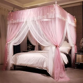 VETHIN Princess Ruffle Bed Canopy Curtain - Double Layer 4 Corners Post Mosquito Net Drape, Pink/White Full Size 53x78x82 for Girls Bedroom