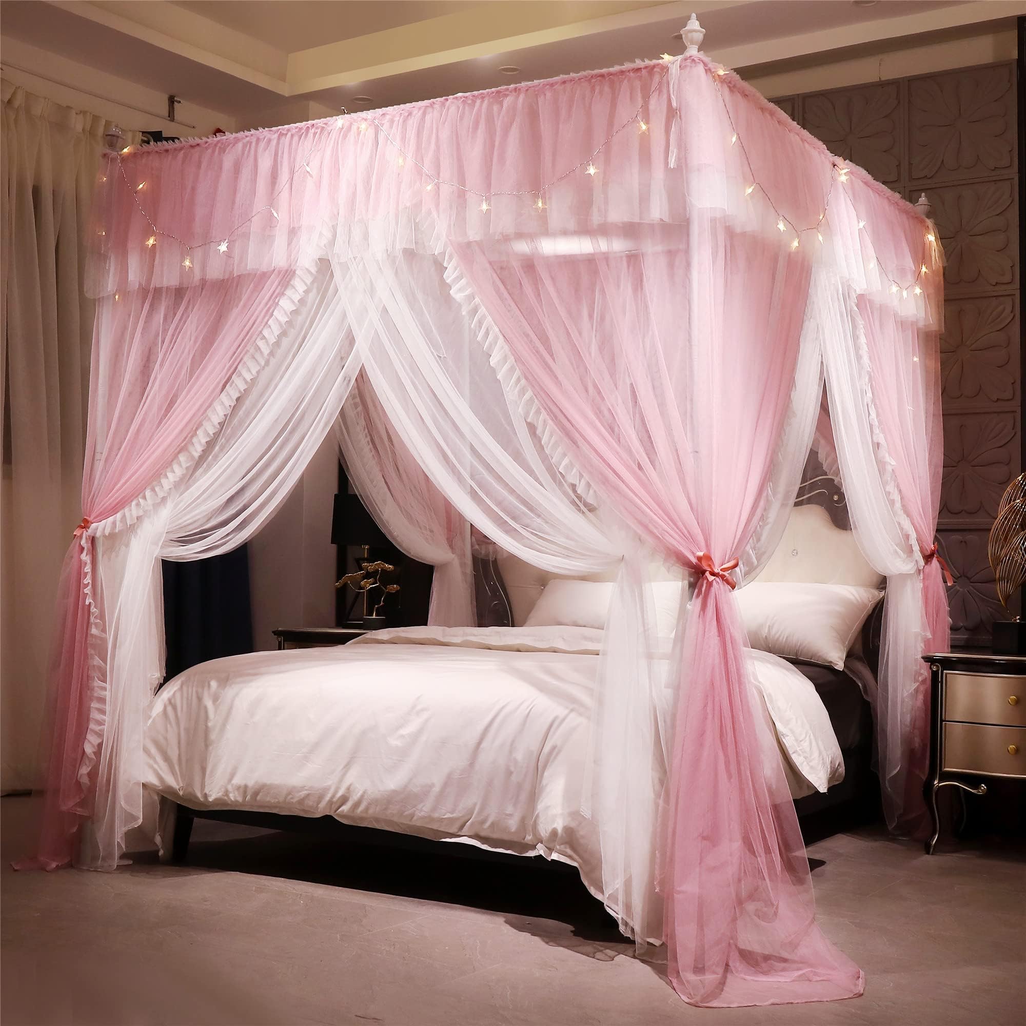 4 Corners Post Ruffle Princess Bed Canopy Curtain-Double Layer Cozy Drape Netting 4 Opening Mosquito Net for Girls Adults Bedroom Decoration (Pink/Whtie, 53" W*78" L*82"*H/(Full))