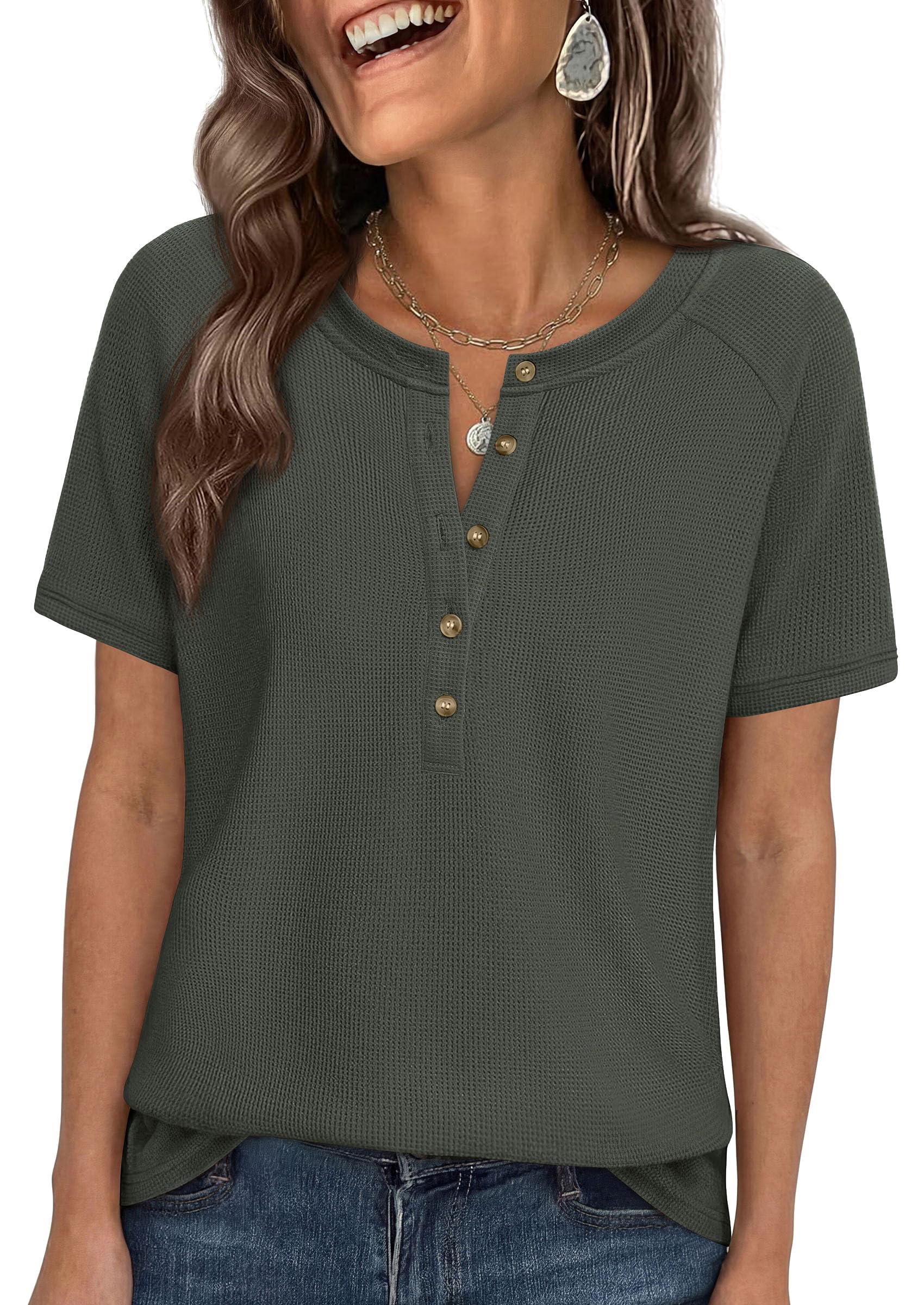 PRETTYGARDEN Waffle Knit Tops for Women Short Sleeve Henley Shirts 2026 Summer Blouses Dressy Casual Spring Fashion Clothes — view 12