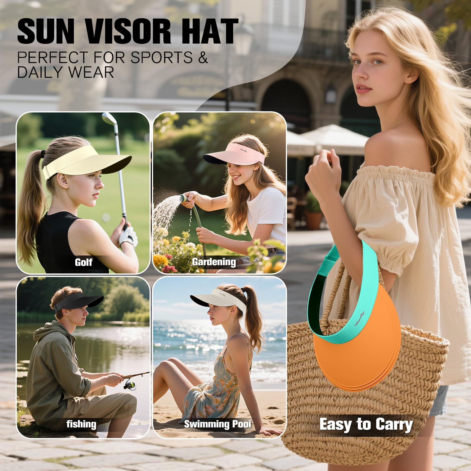 YANIKY Visière de soleil pour femme à large bord pour l'été, UPF50+, protection UV, chapeau de soleil sans couture, casquette de plage pliable