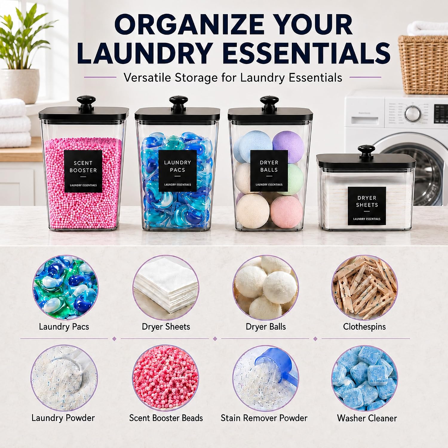 4 Pack Laundry Pods & Detergent Containers, Dryer Sheet Holder