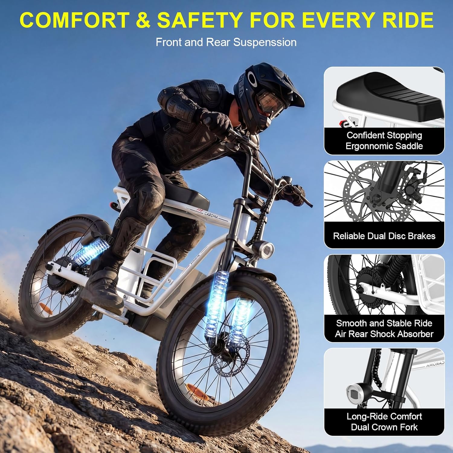 Caroma Electric Scooter with Seat for Adults, 1000W Peak Motor, 25Miles Range & 20Mph, Multiple Suspension, Electric Motorcycle Mini Bike with Basket for Pet s& Cargo, UL 2272 Certified