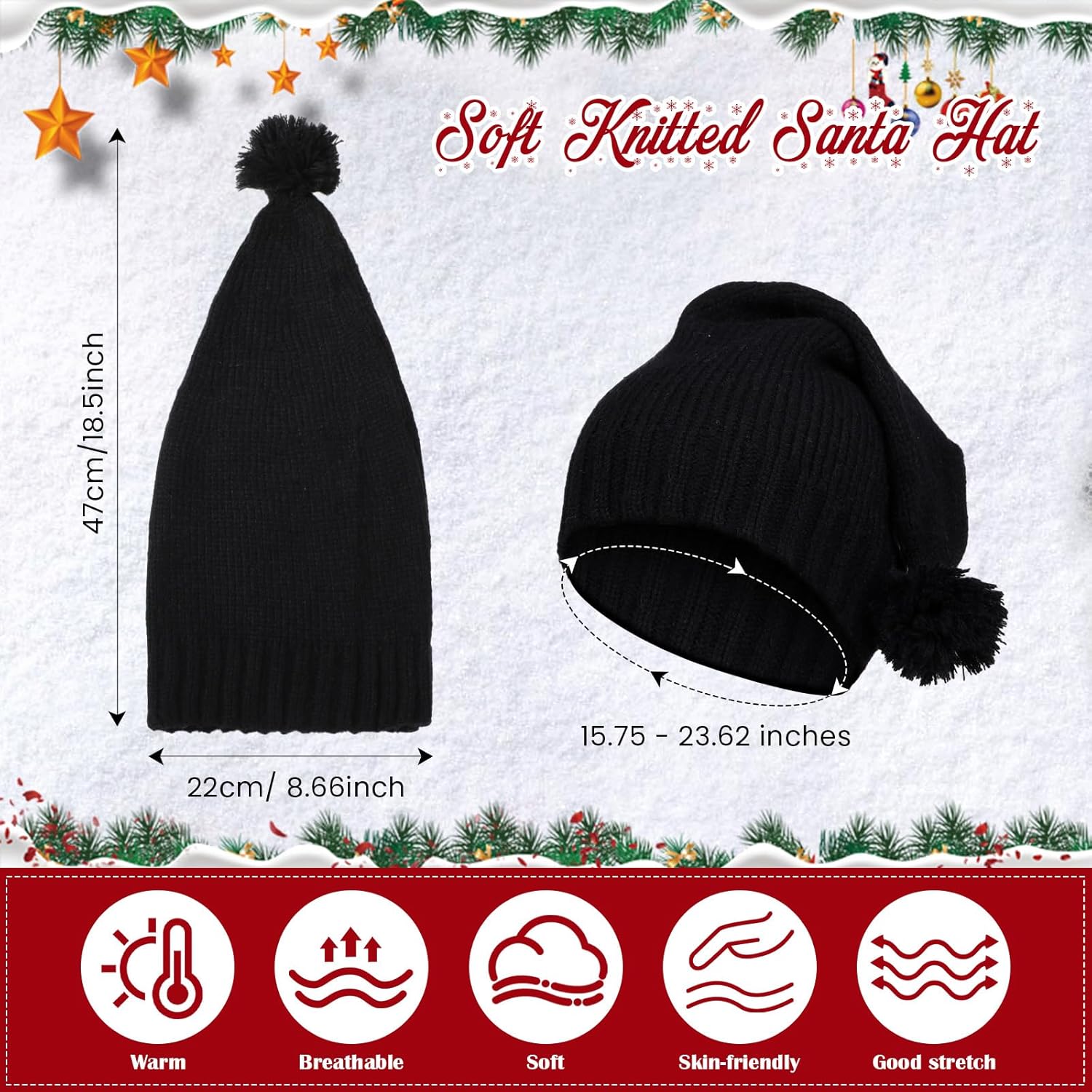 Mepase Knitted Santa Hat for Adult Christmas Goth Beanie Winter Hats with Pompom Women Men for Xmas Party - Image 3