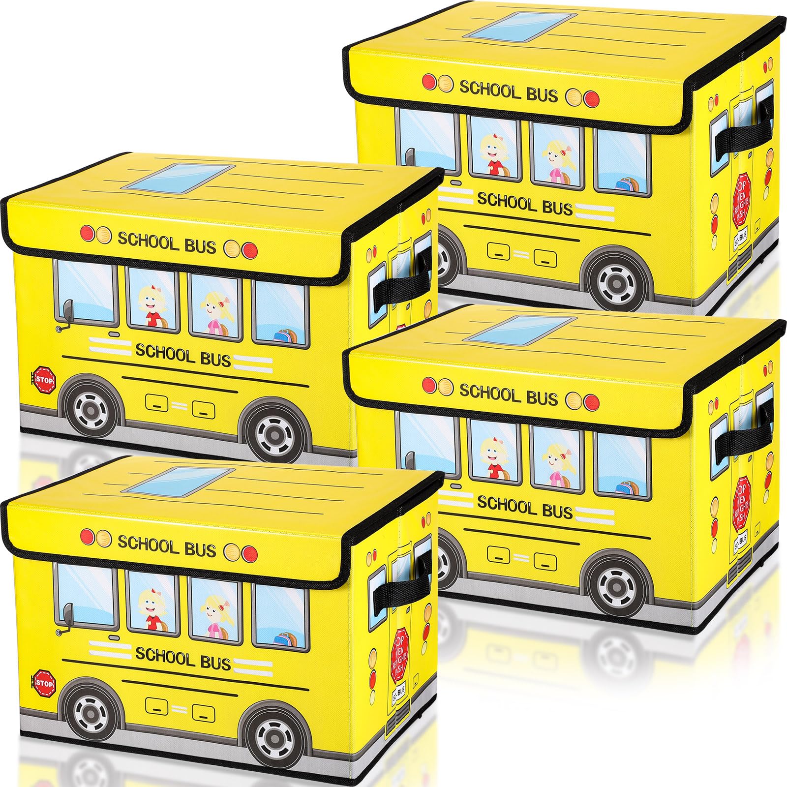 Sweetude 4 Pcs Prize Box for Classroom, School Bus Treasure Chest With Lid, Foldable Storage Organizer Bin for Kids, Teachers, Students - Toy Awards