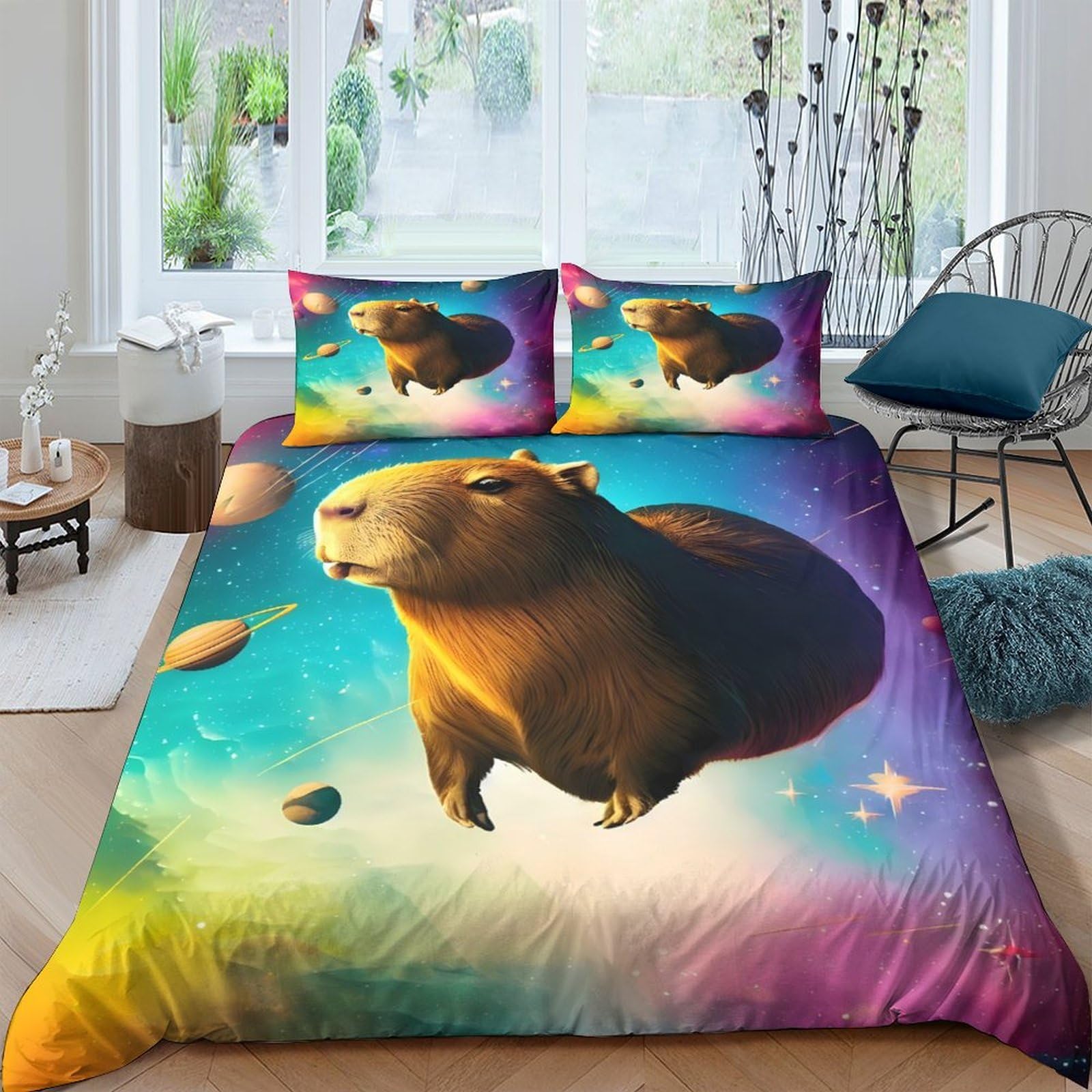 Ctjqhvkz Style-4 3D Printed Space Capybara Fitted Sheet Microfiber Soft Colourful Galaxy Mattress Cover Bedroom Dorm Decor Single（135X200cm）