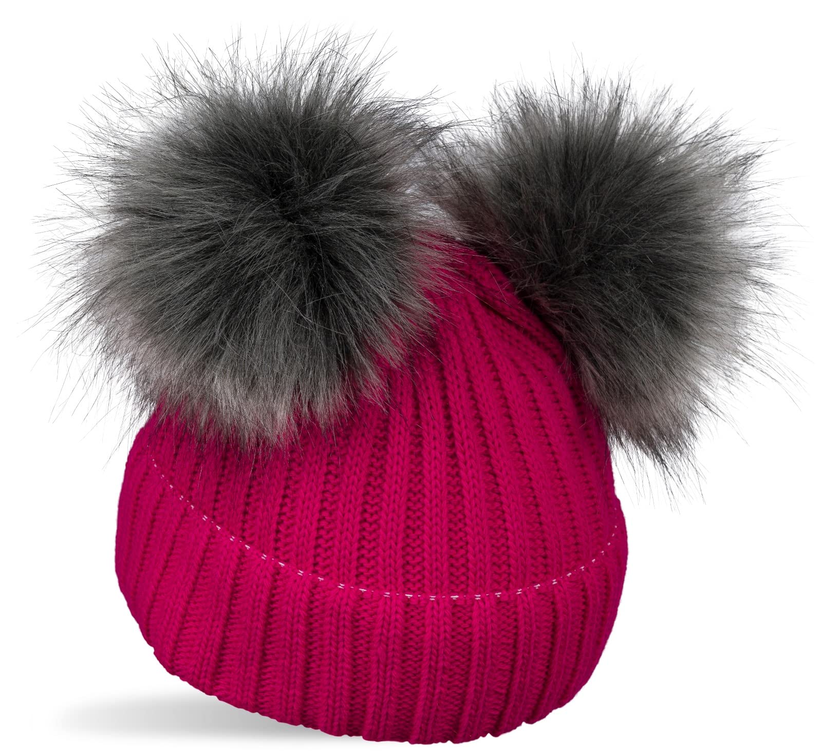 styleBREAKER Kids Knitted Bobble hat with 2 Faux Fur pom poms and Fleece Lining, Winter Beanie, Knitted hat, 2-5 Years 04024203, Colour:Pink-