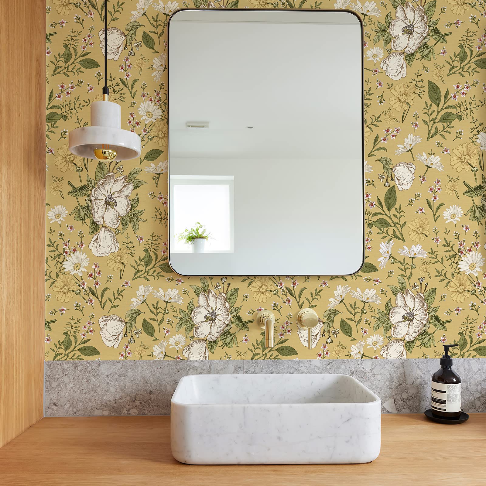 Papier peint motif marguerites jaune style bohème chic autocollant amovible tendance