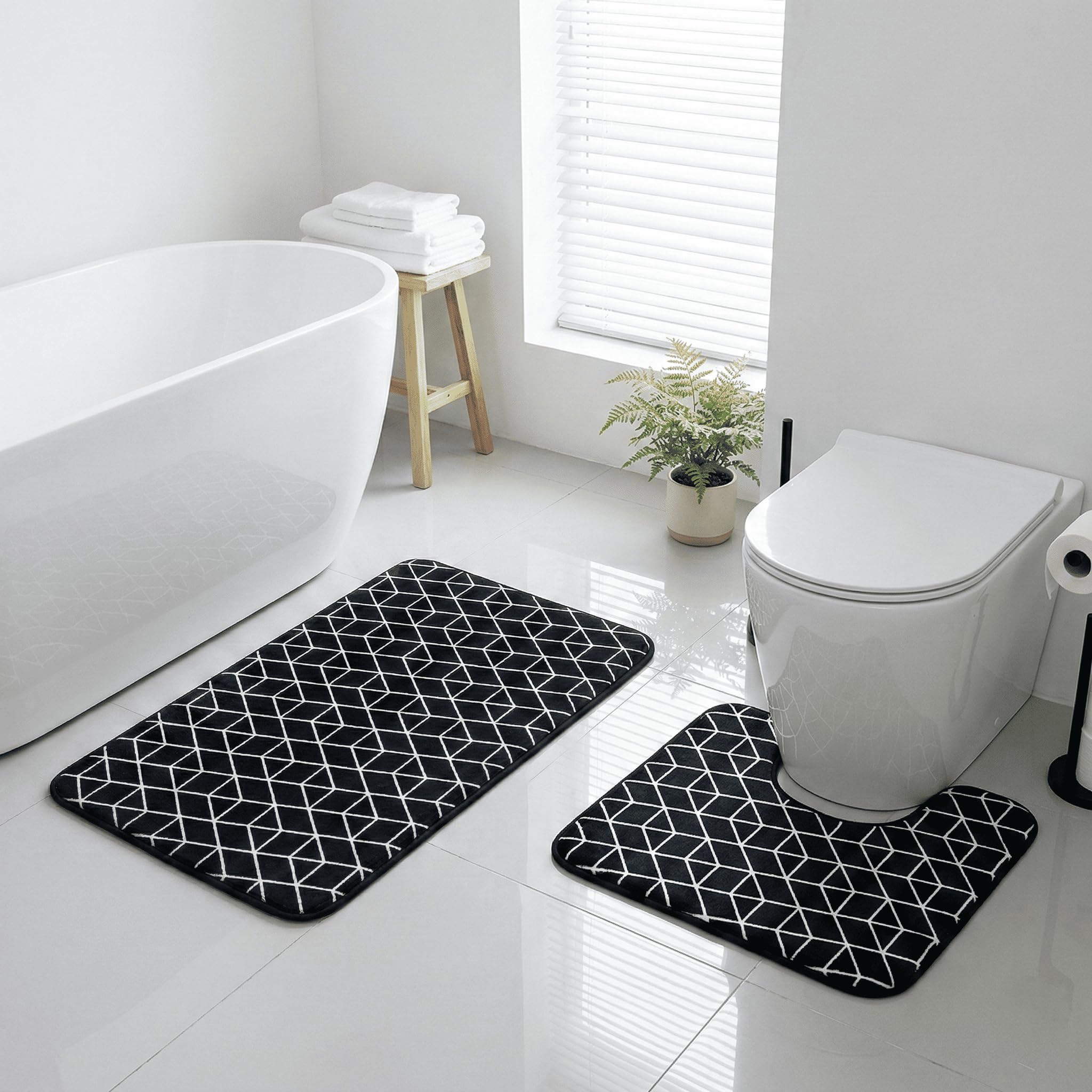 Rugs Garden - Fast Drying Soft Memory Foam Non slip Mats for Bathroom, Shower and Toiler Floor, Quick Dry, Water Absorbent and Washable Bathmats (Night Cube, Set)