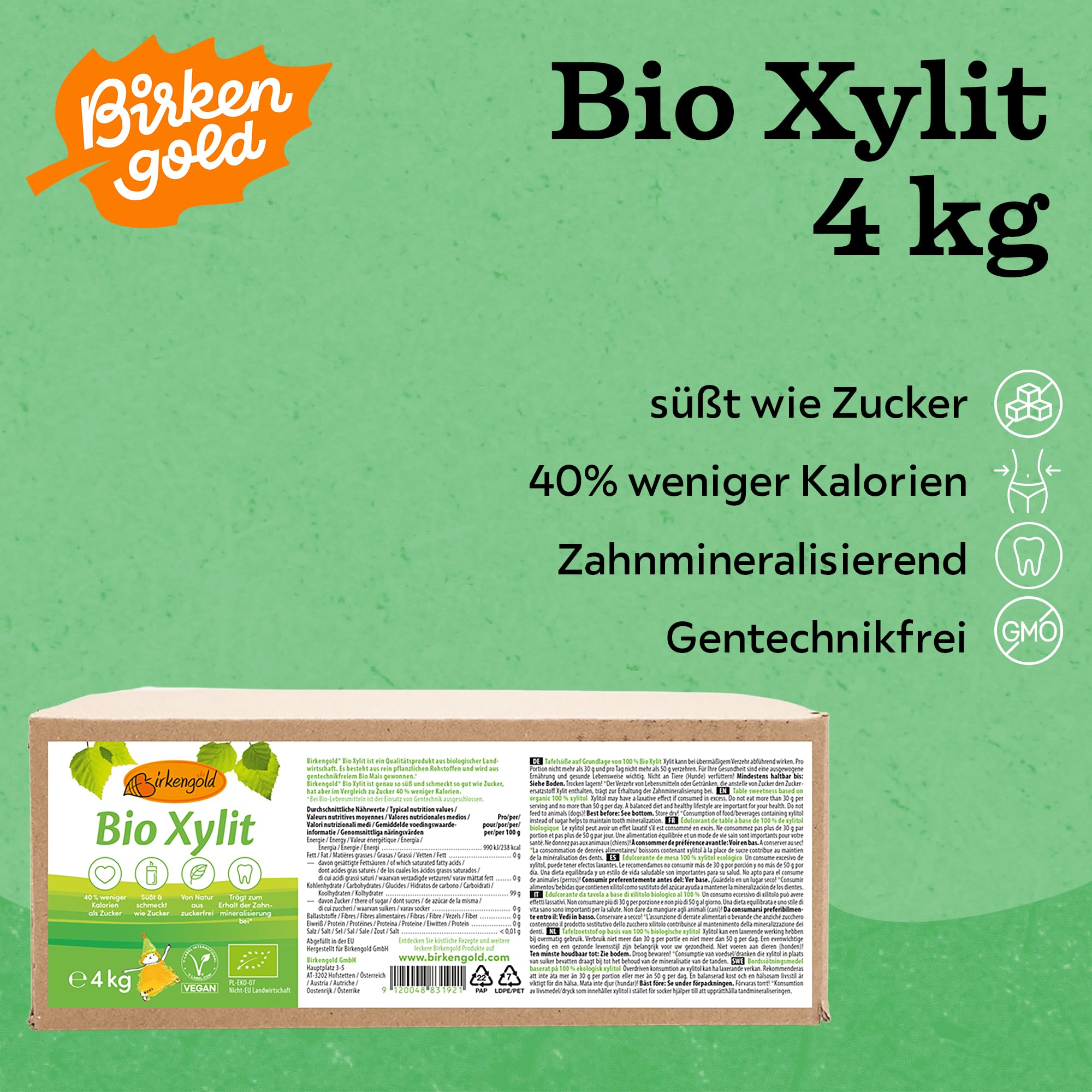 Birkengold Bio Xylit, 4 kg Beutel | aus biologischer Landwirtschaft | 40 % weniger Kalorien | zahnfreundlich | ideal zum Kochen und Backen | glykämischer Index von 11