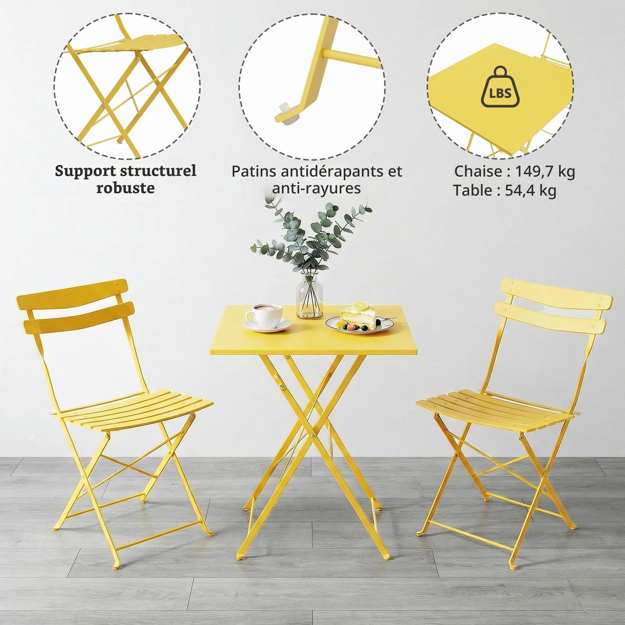Garvee Table de Bistrot Exterieur Table Carrée et 2 Chaises Pliantes | Ensemble Bistrot de Jardin 3 Pièces en Métal sans Montage avec Double Protection Antirouille pour Balcon Terrasse et Jardin