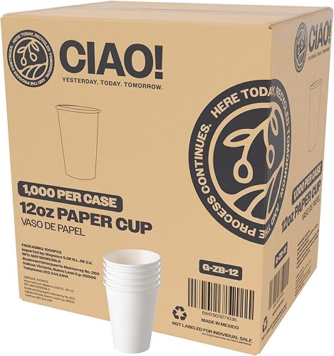CIAO! Vaso caliente de papel blanco de 12 onzas, desechable, 3.543 in de diámetro, 1,000 unidades