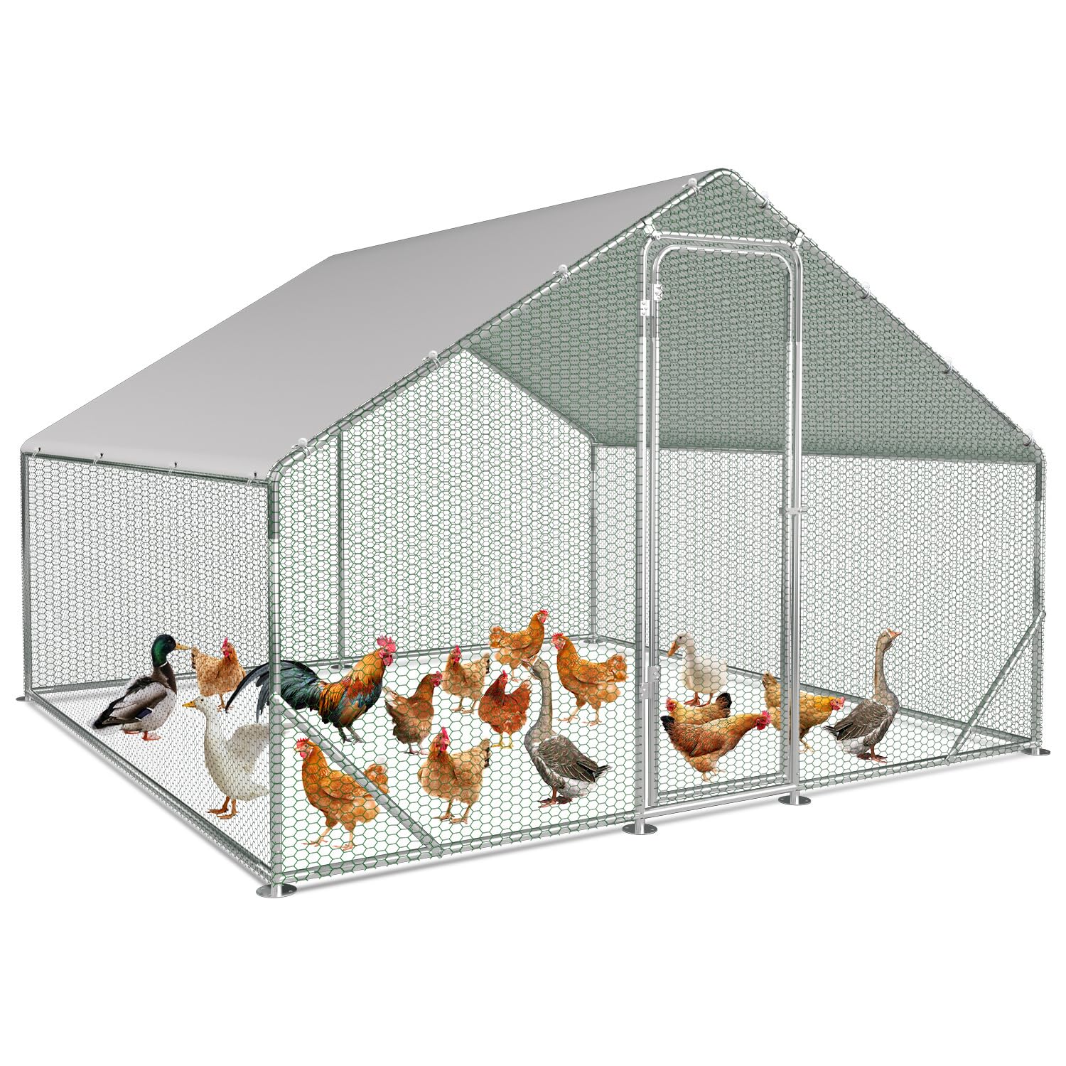 Sonnewelt Recinzione a ruota libera, pollaio, in acciaio zincato, con tetto parasole e porta per animali domestici, gabbia per pollo, per piccoli animali e uccelli, con piante
