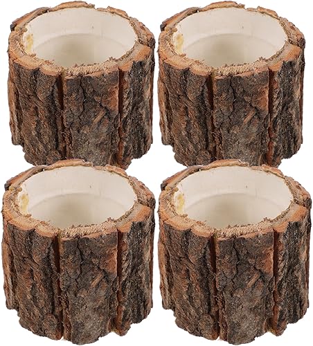 Happyyami 4 macetas rústicas de madera, soporte para plantas pequeñas para decoración interior del hogar, material de corteza impermeable, 3.54 x